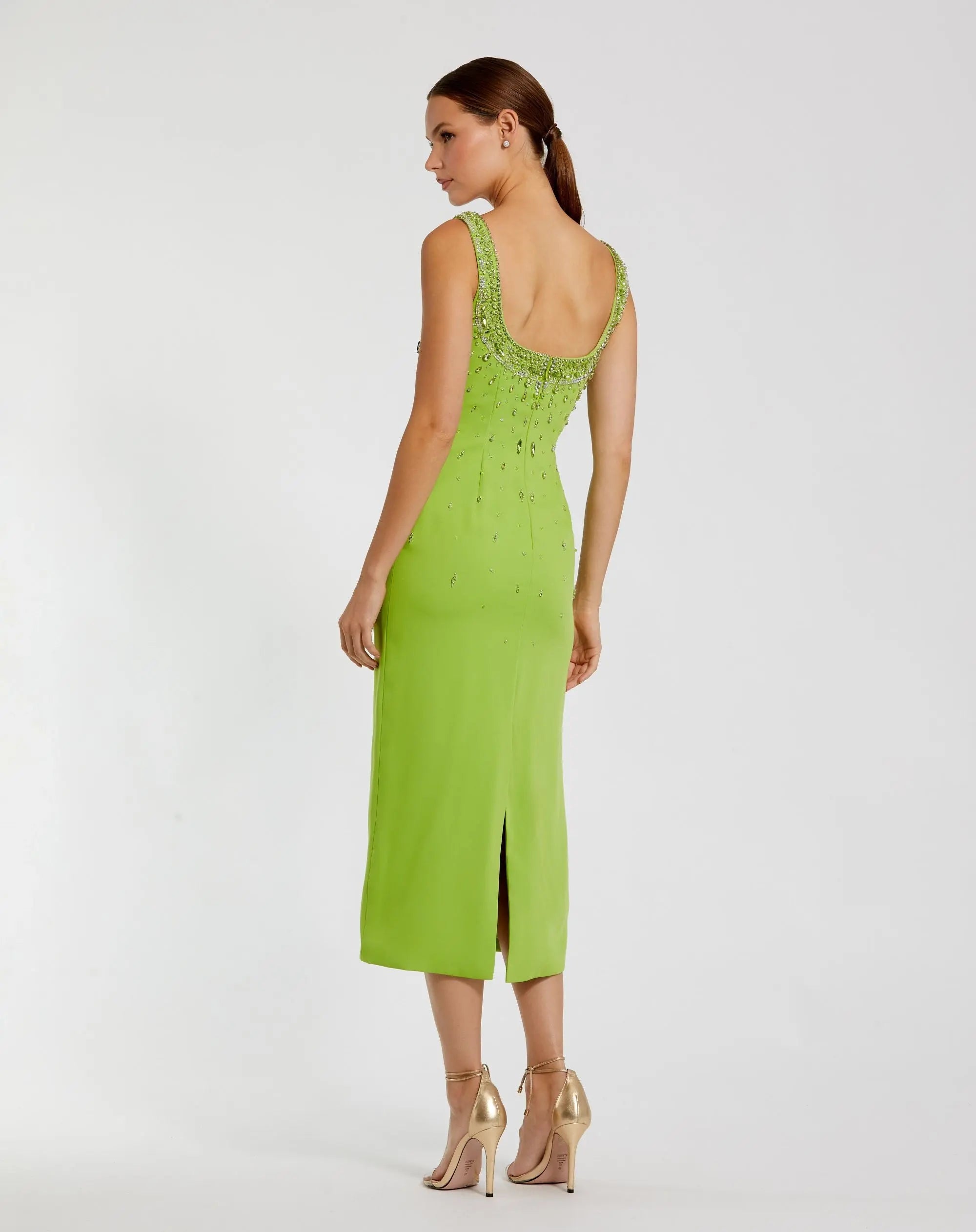 Green Beaded Crepe Scoop Neck Sleeveless Midi Dress - Ieena for Mac Duggal