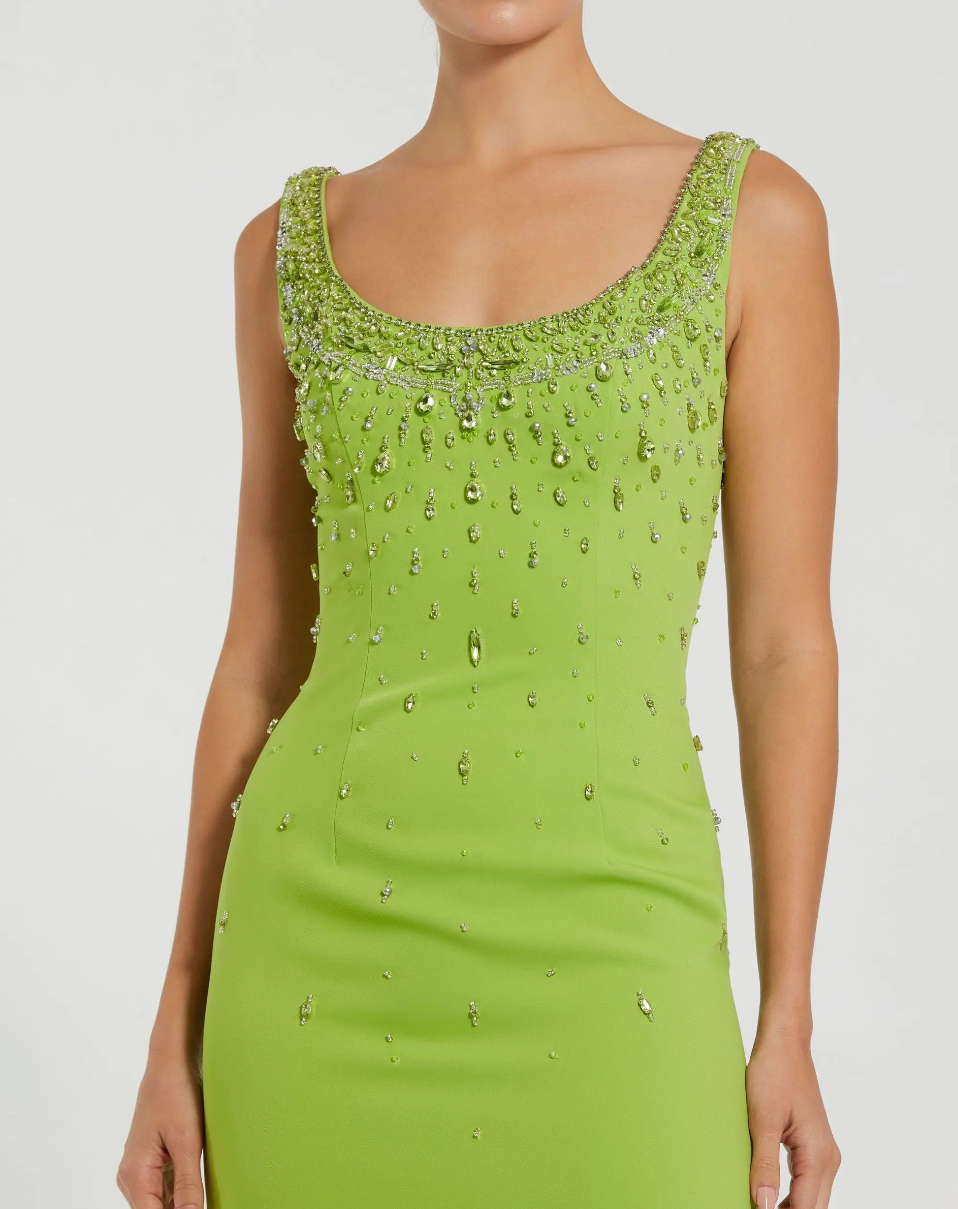 Green Beaded Crepe Scoop Neck Sleeveless Midi Dress - Ieena for Mac Duggal