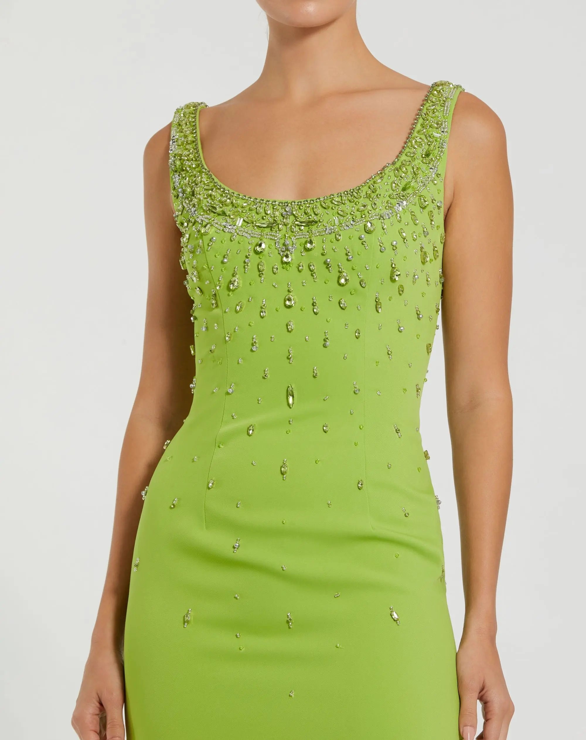 Green Beaded Crepe Scoop Neck Sleeveless Midi Dress - Ieena for Mac Duggal
