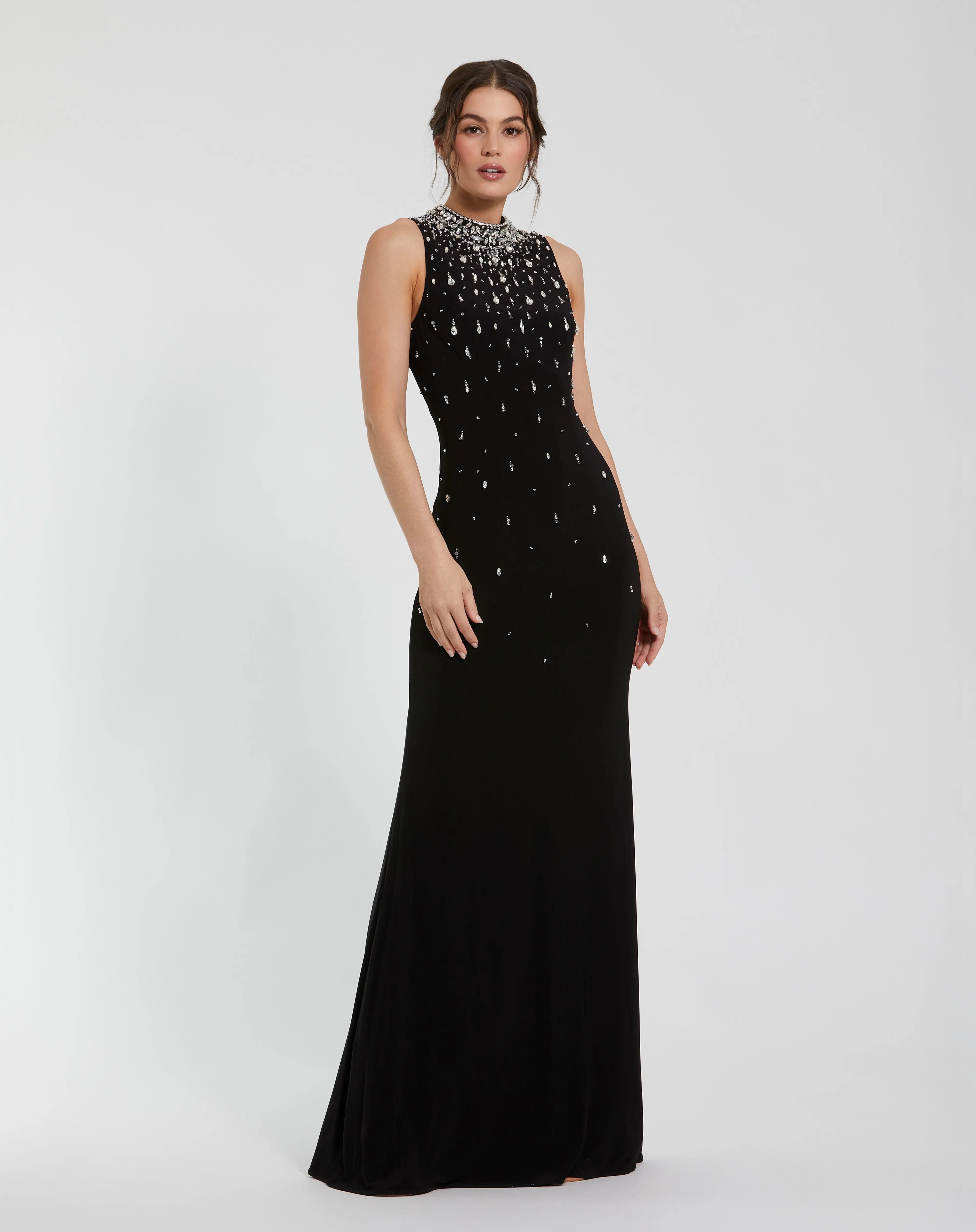Black High Neck Sleeveless Beaded Jersey Fitted Gown - Ieena for Mac Duggal