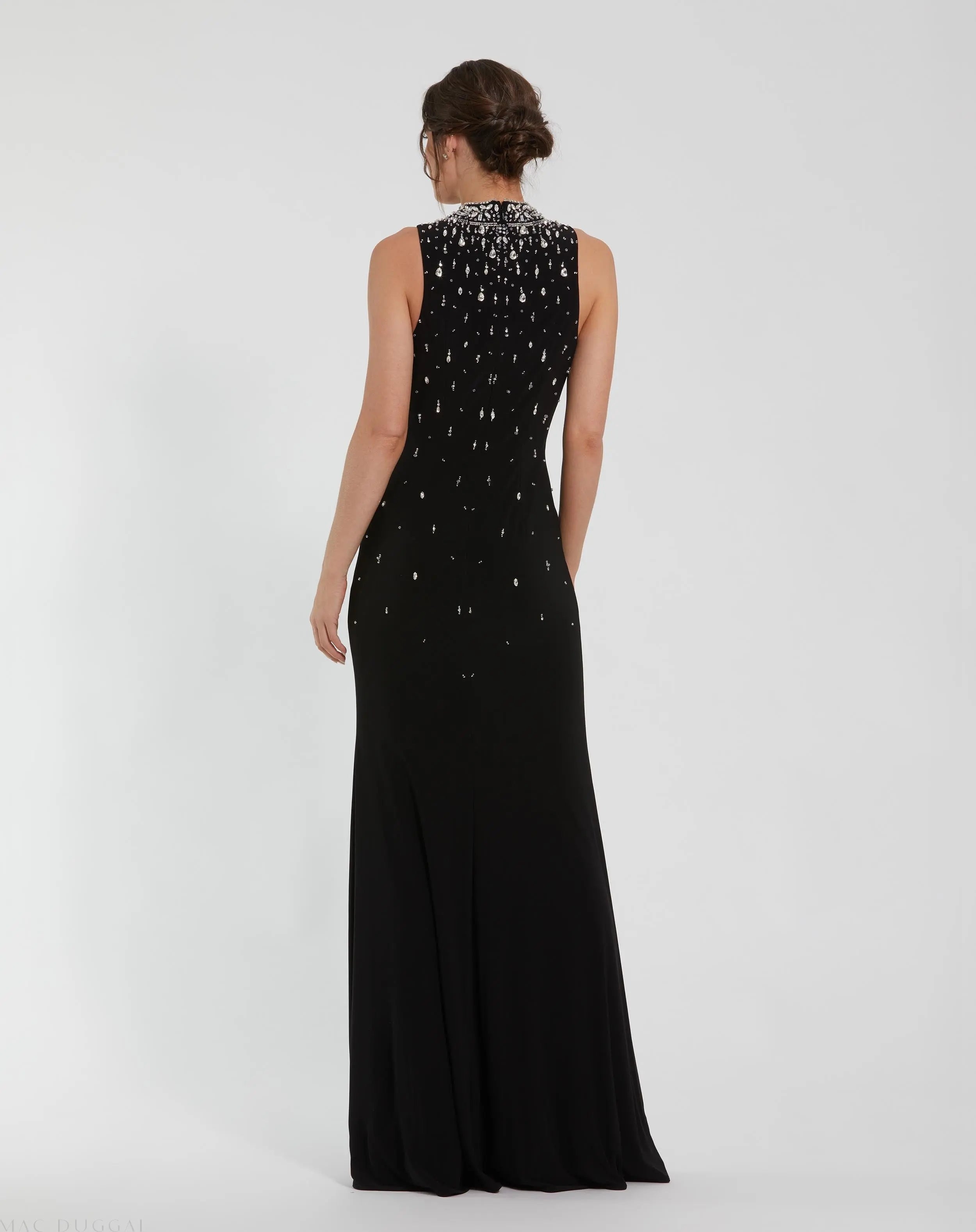 Black High Neck Sleeveless Beaded Jersey Fitted Gown - Ieena for Mac Duggal