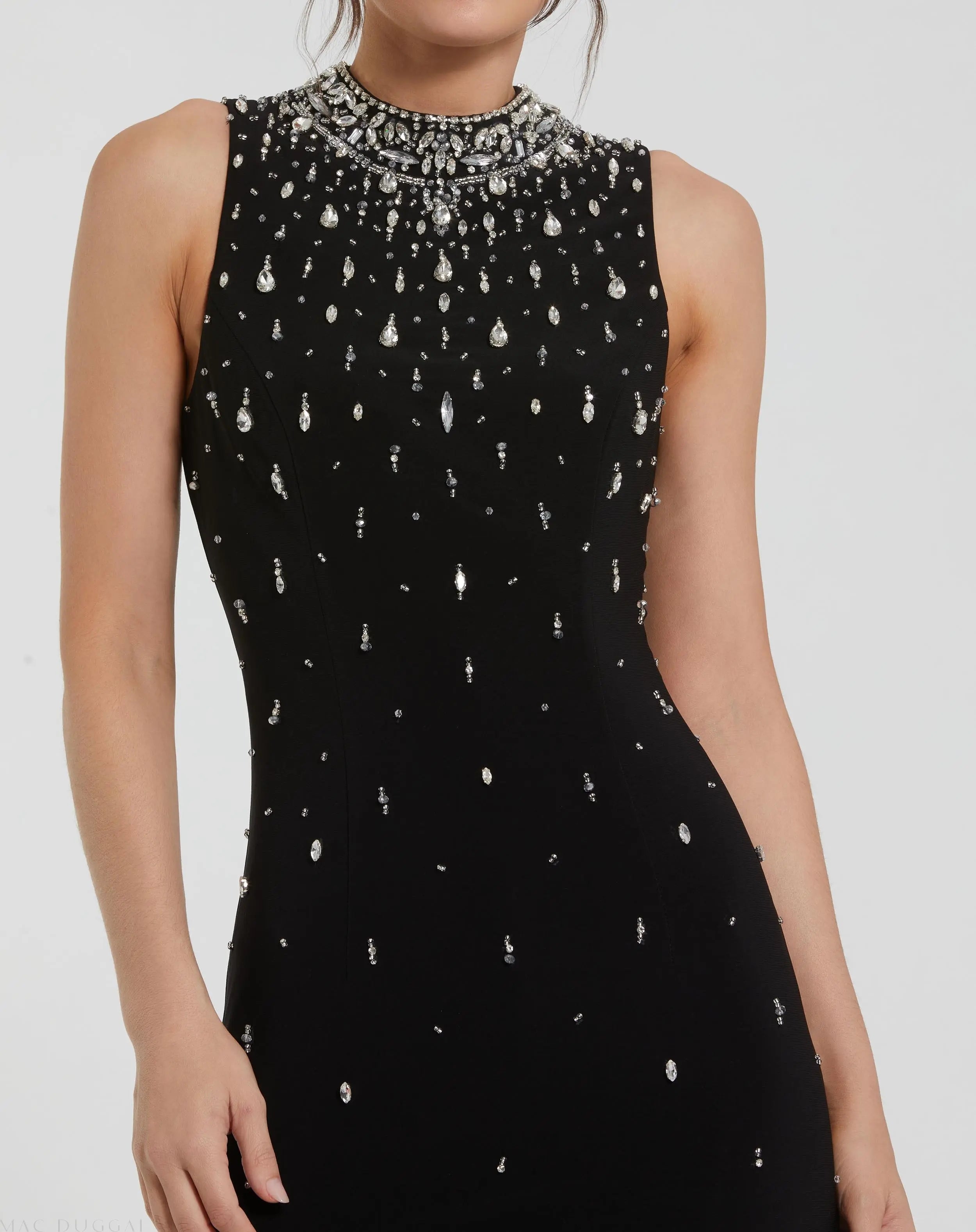 Black High Neck Sleeveless Beaded Jersey Fitted Gown - Ieena for Mac Duggal
