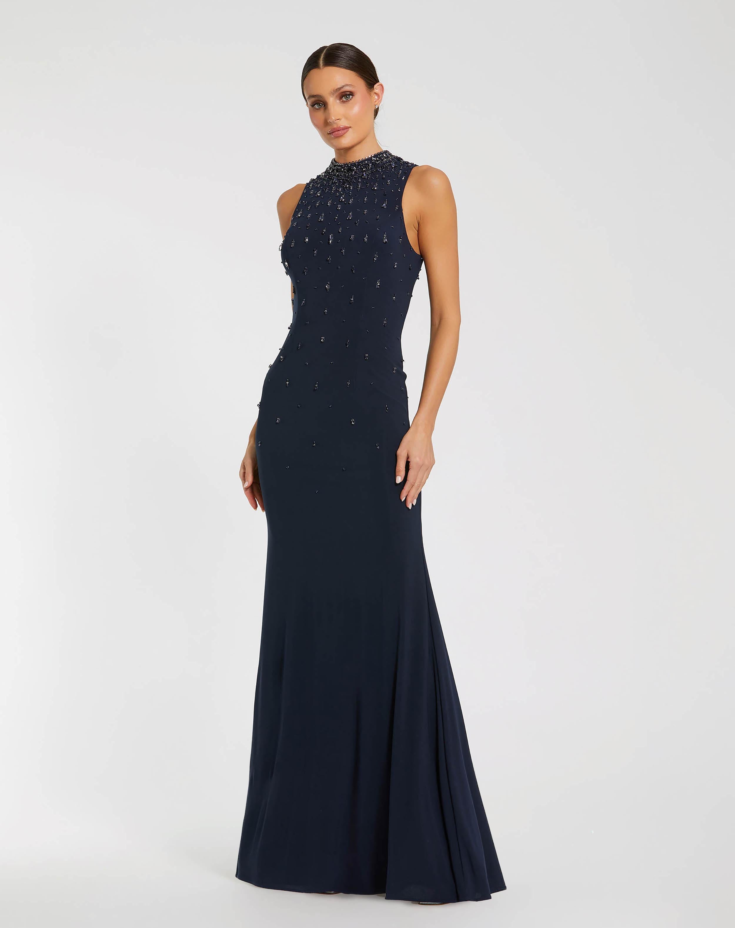 Navy Rhinestone Embellished Sleeveless Crepe Gown Mac Duggal