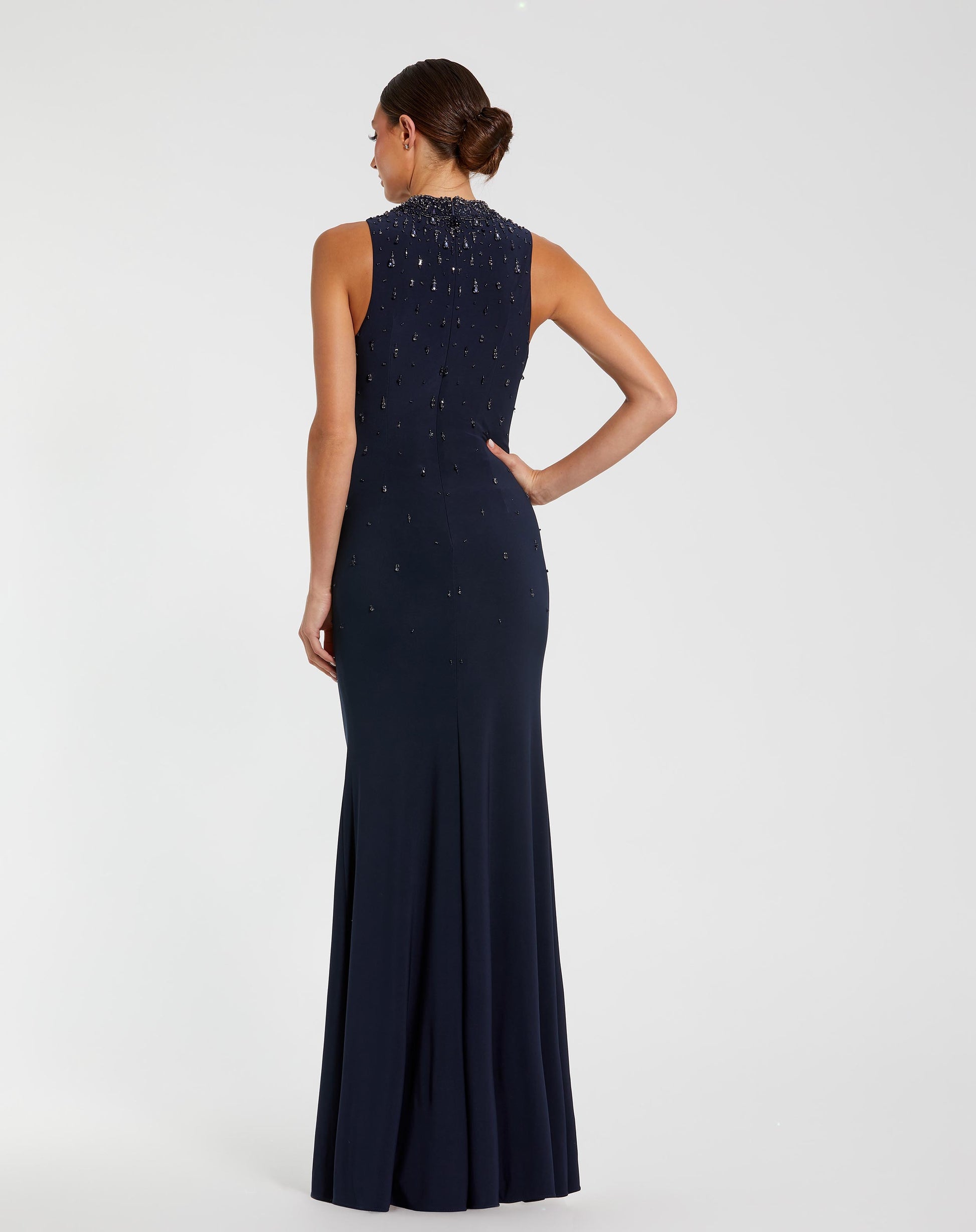 Navy Rhinestone Embellished Sleeveless Crepe Gown