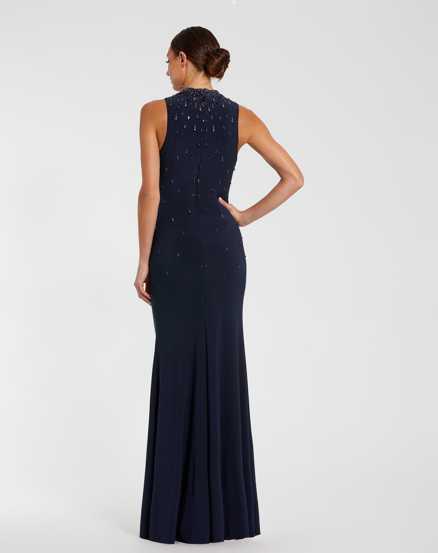 Navy Rhinestone Embellished Sleeveless Crepe Gown Mac Duggal