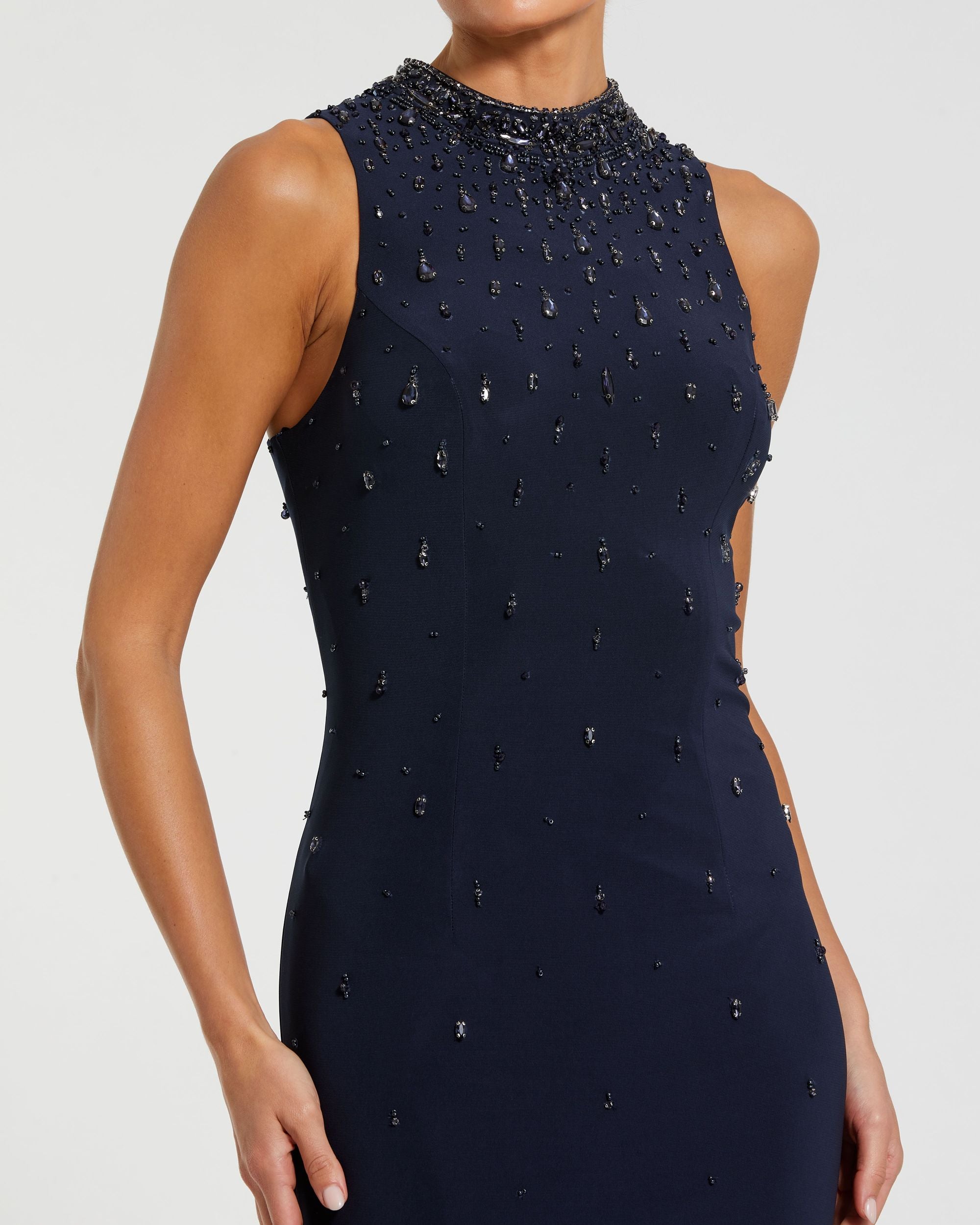 Navy Rhinestone Embellished Sleeveless Crepe Gown Mac Duggal