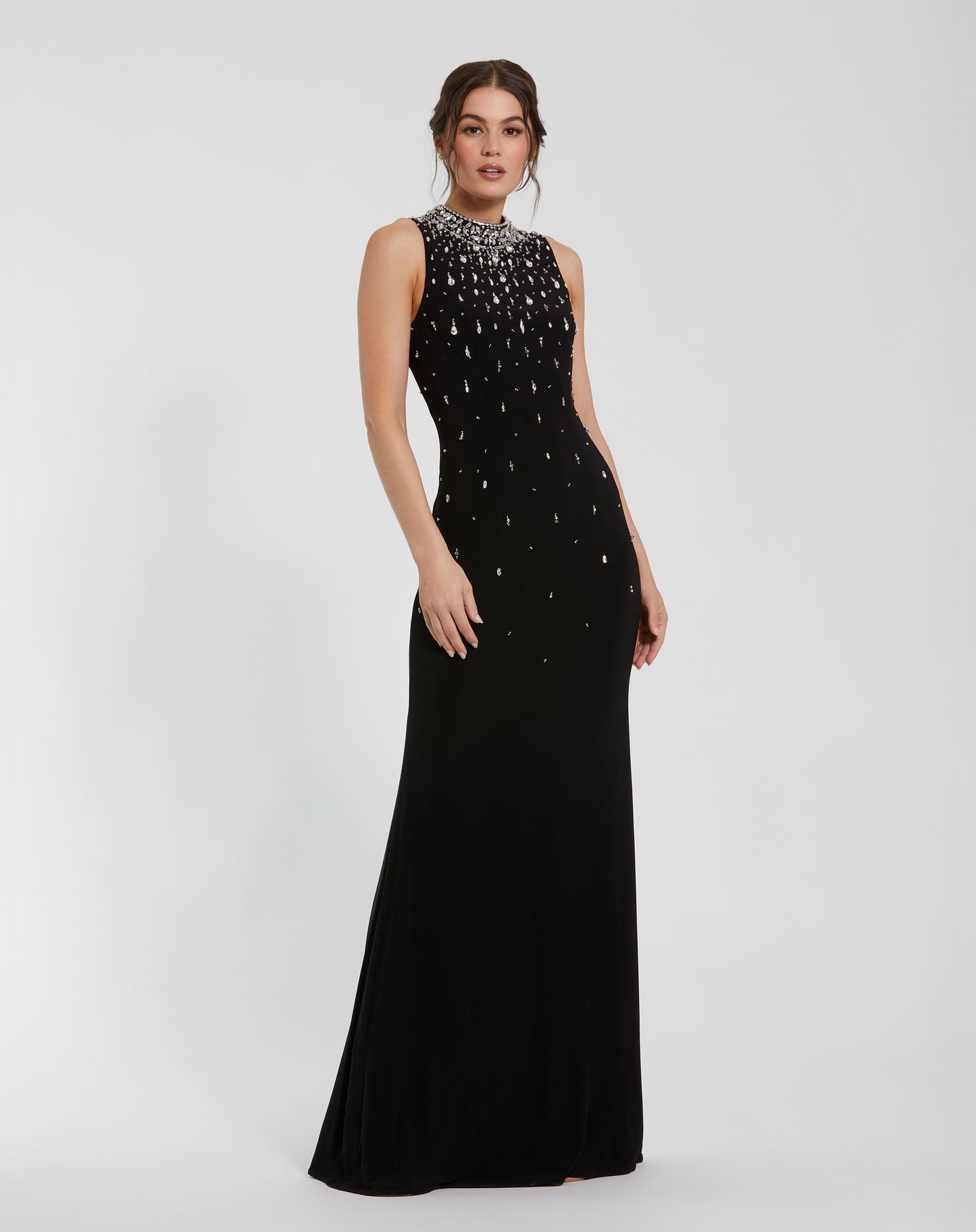 High Neck Sleeveless Beaded Jersey Fitted Gown