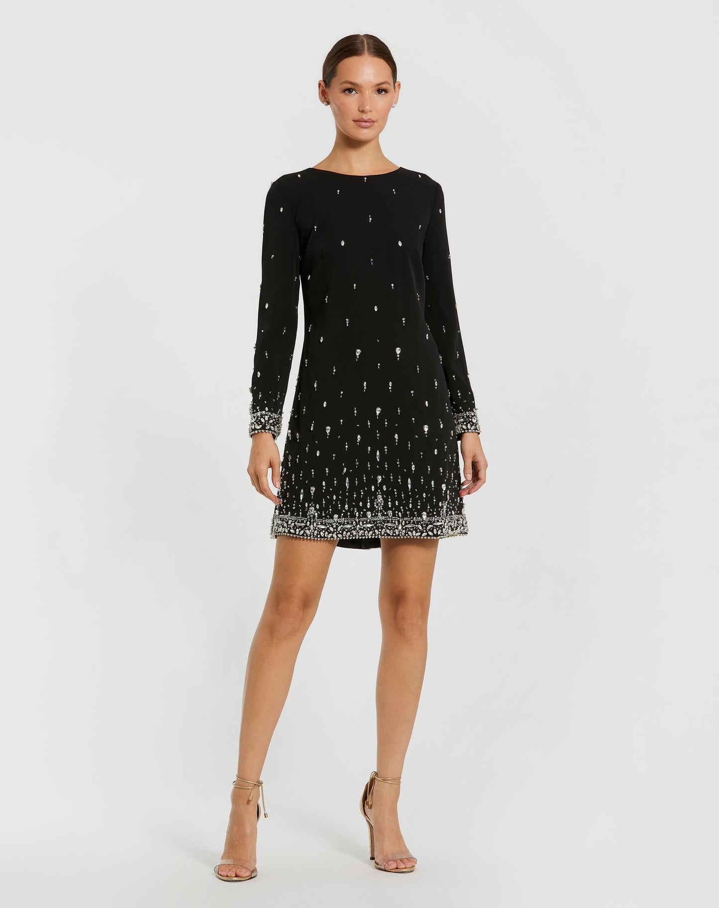 Black Embellished Crepe Long Sleeve A Line Mini Dress - Ieena for Mac Duggal