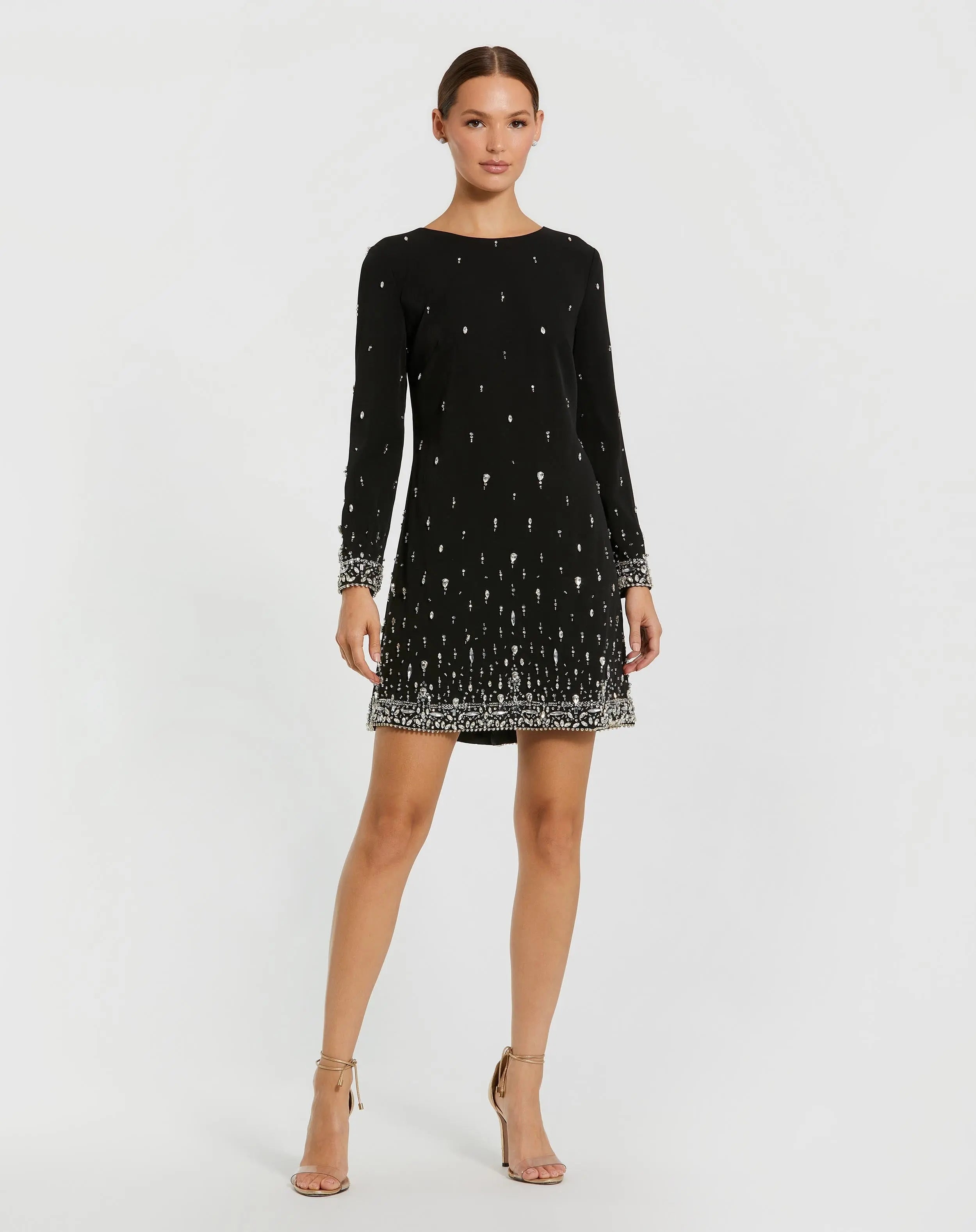 Black Embellished Crepe Long Sleeve A Line Mini Dress - Ieena for Mac Duggal