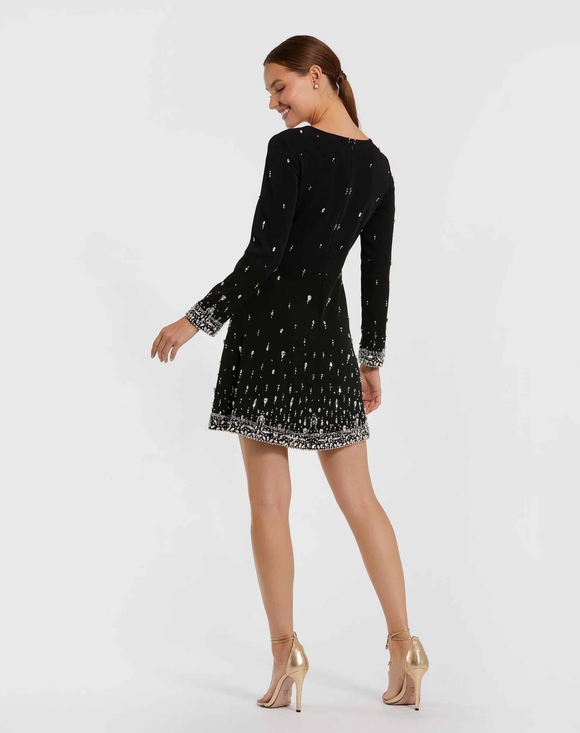 long sleeve embellished a-line mini dress in black Naeem Khan Black Embellished Long Sleeve Mini Dress