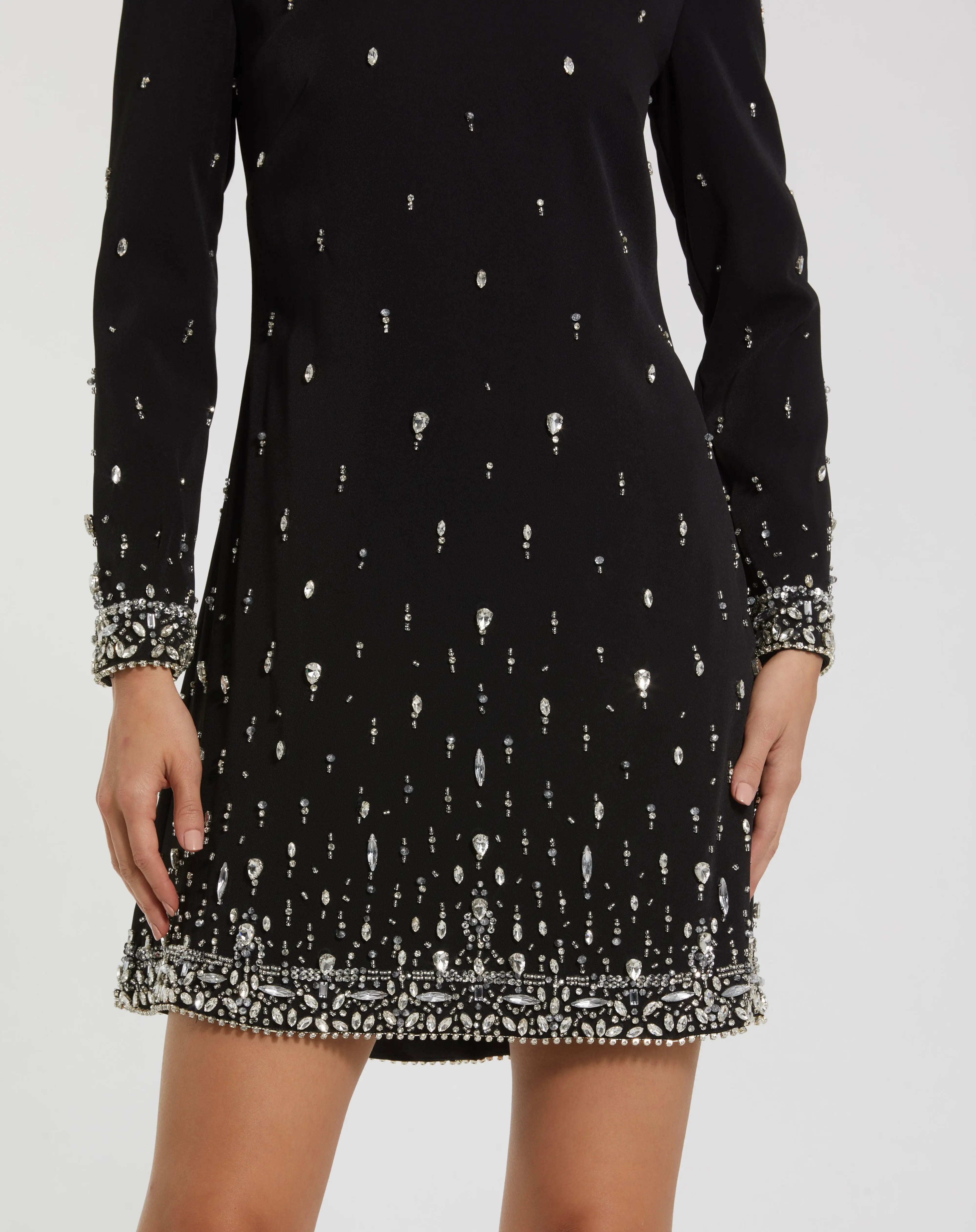 Black Embellished Crepe Long Sleeve Mini Dress Ieena for Mac Duggal