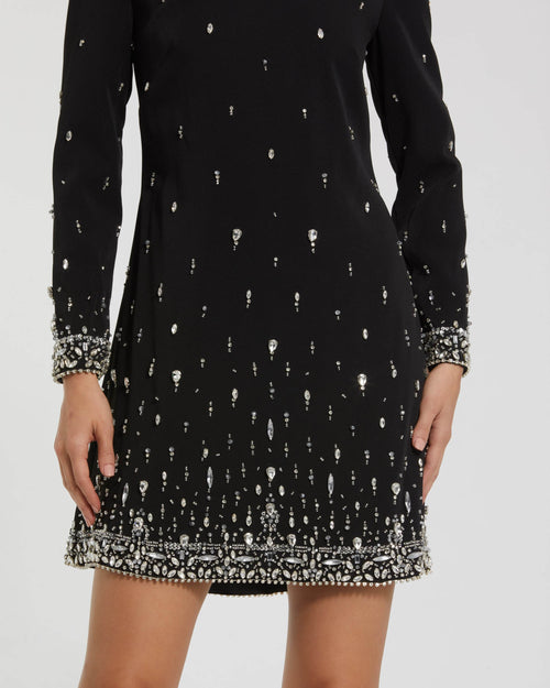 Black Embellished Crepe Long Sleeve A Line Mini Dress - Ieena for Mac Duggal