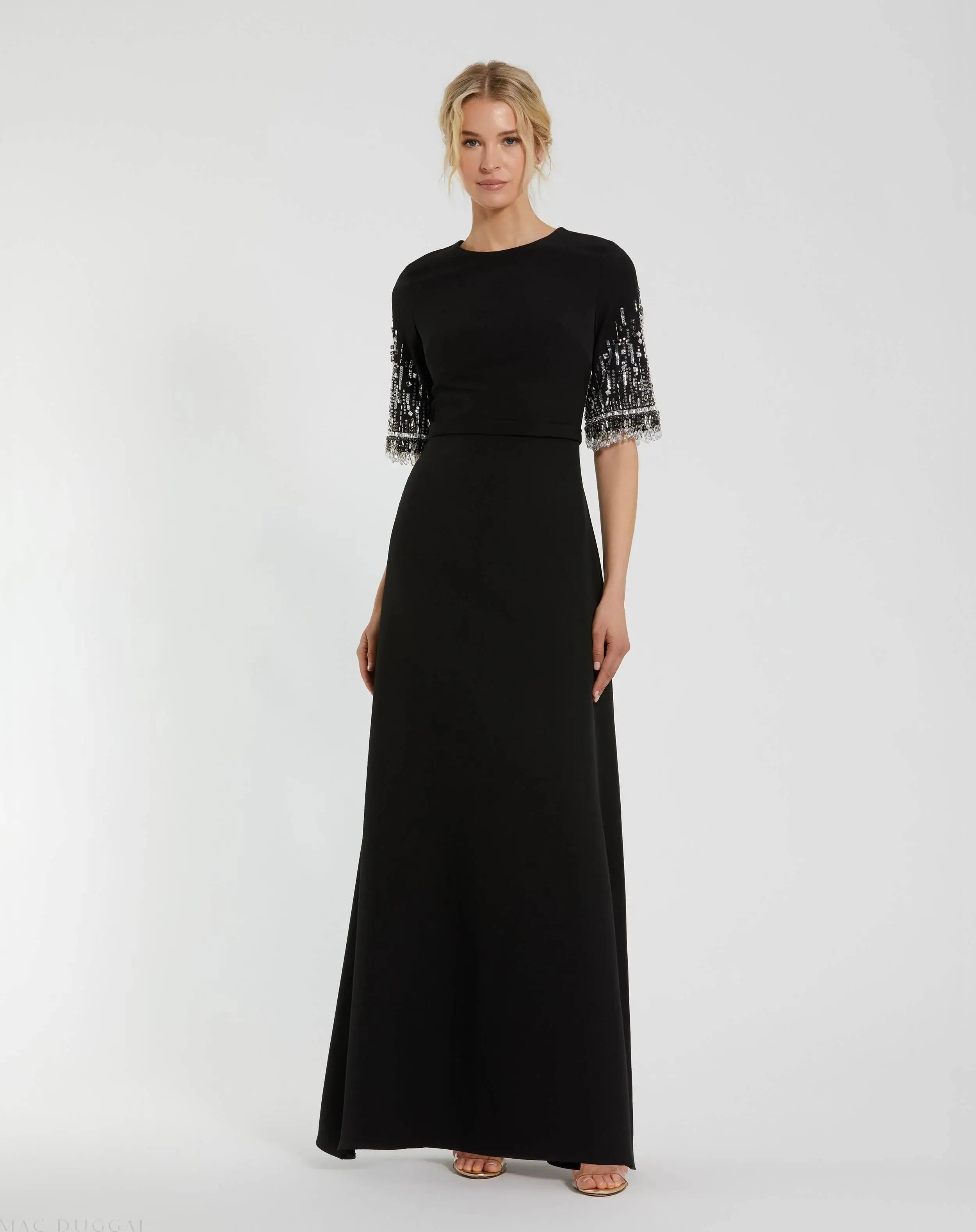 Black Crepe A Line Gown With Beaded 3/4 Sleeves - Mac Duggal