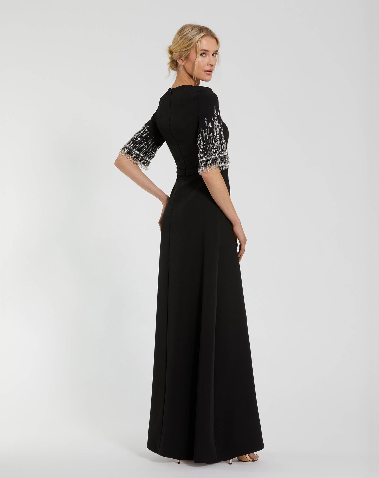 Crepe A Line Gown With Beaded 3/4 Sleeves