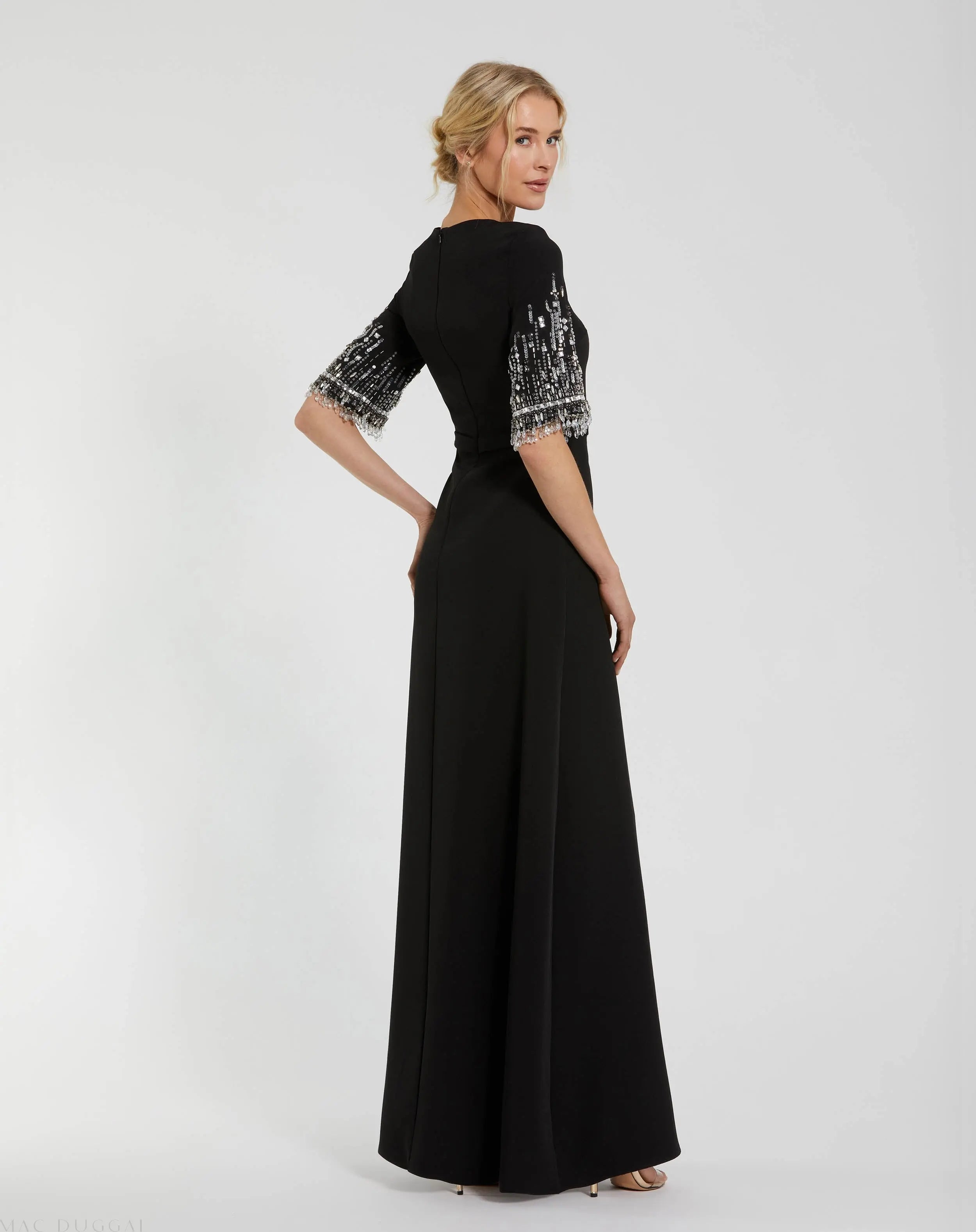 Black Crepe A Line Gown With Beaded 3/4 Sleeves - Mac Duggal