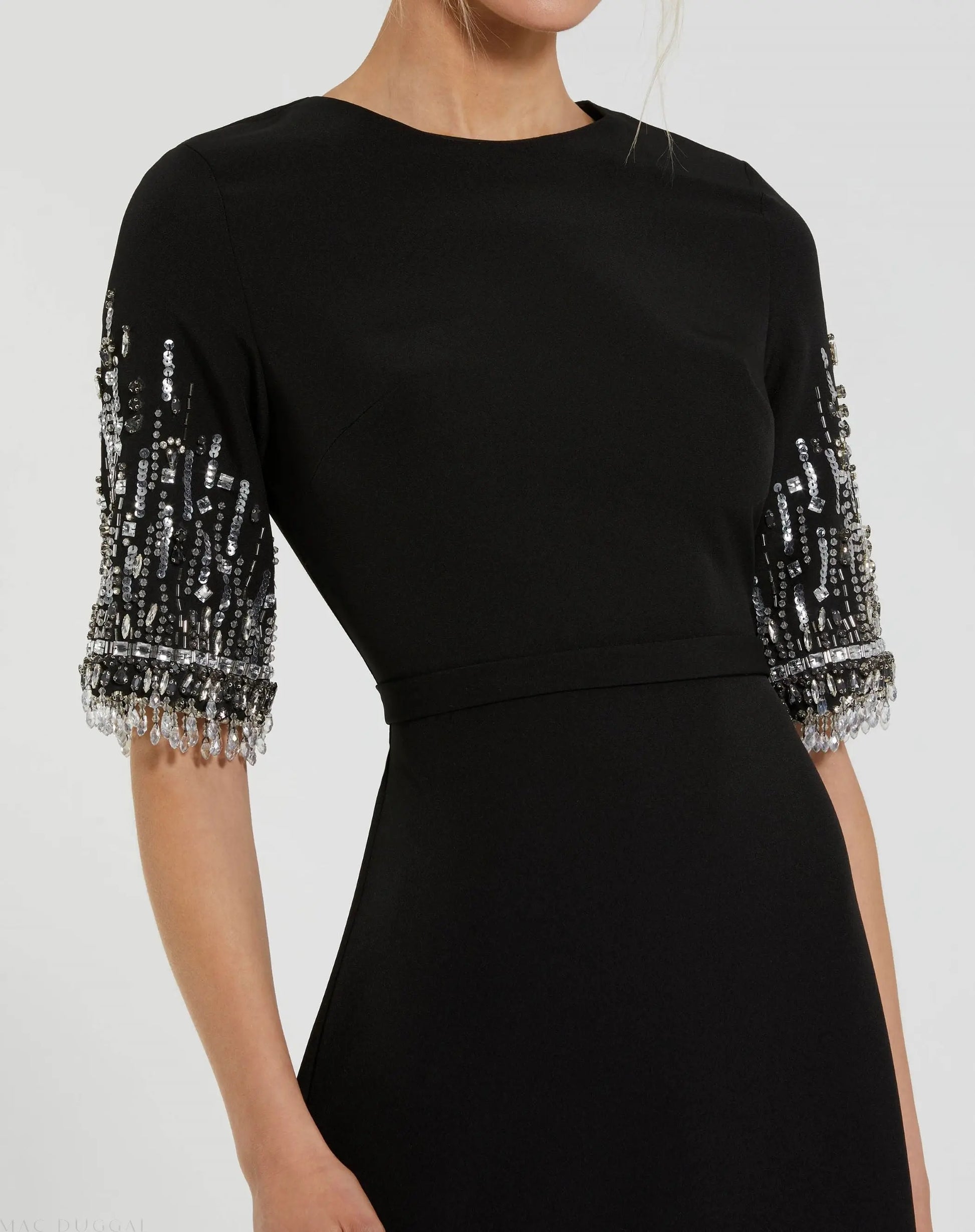 Mac Duggal - Black Crepe A Line Gown With Beaded 3/4 Sleeves - US 2 Mac Duggal - Black Crepe A Line Gown With Beaded 3/4 Sleeves - US 2