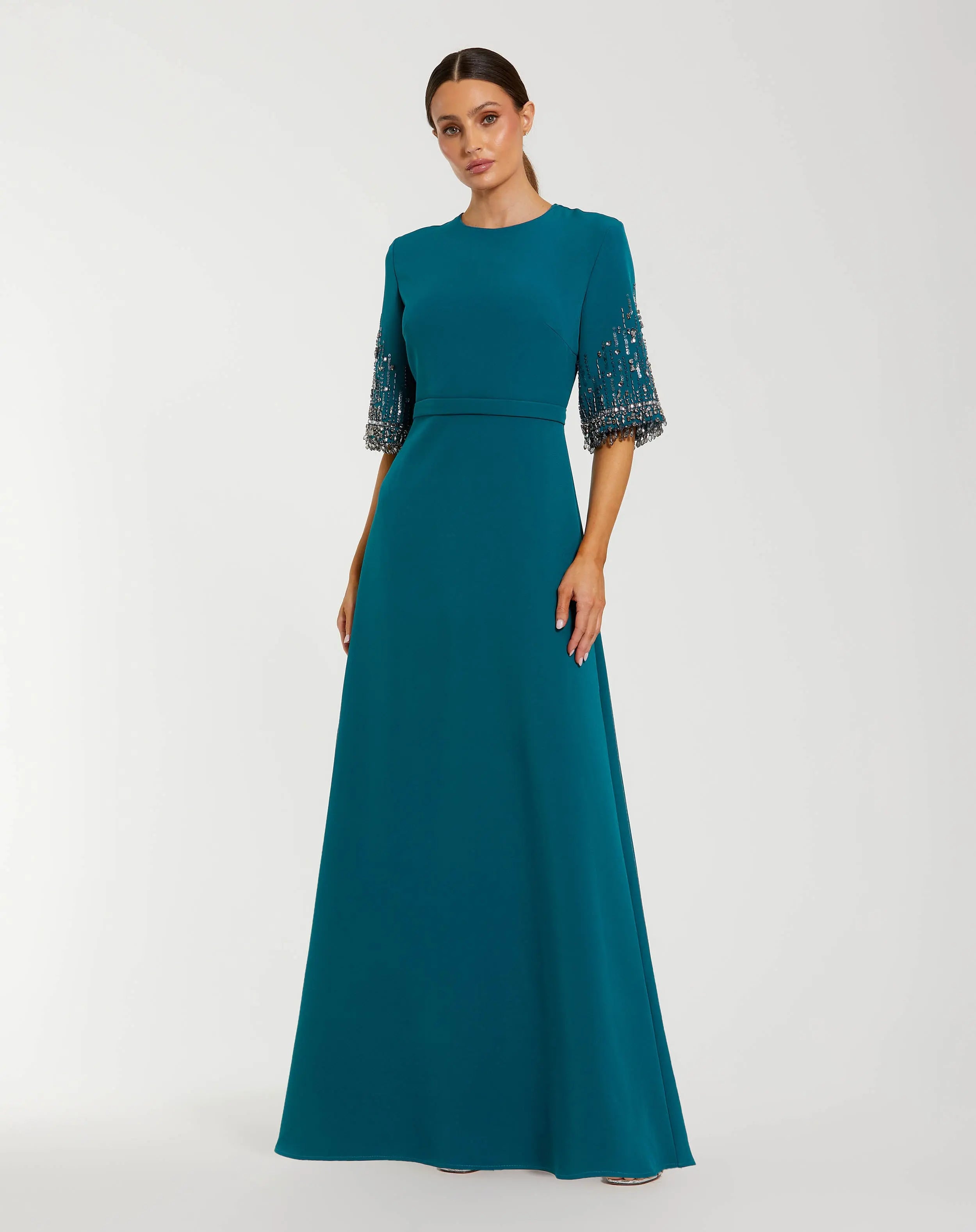 Blue Crepe A Line Gown with Beaded 3/4 Sleeves - Mac Duggal