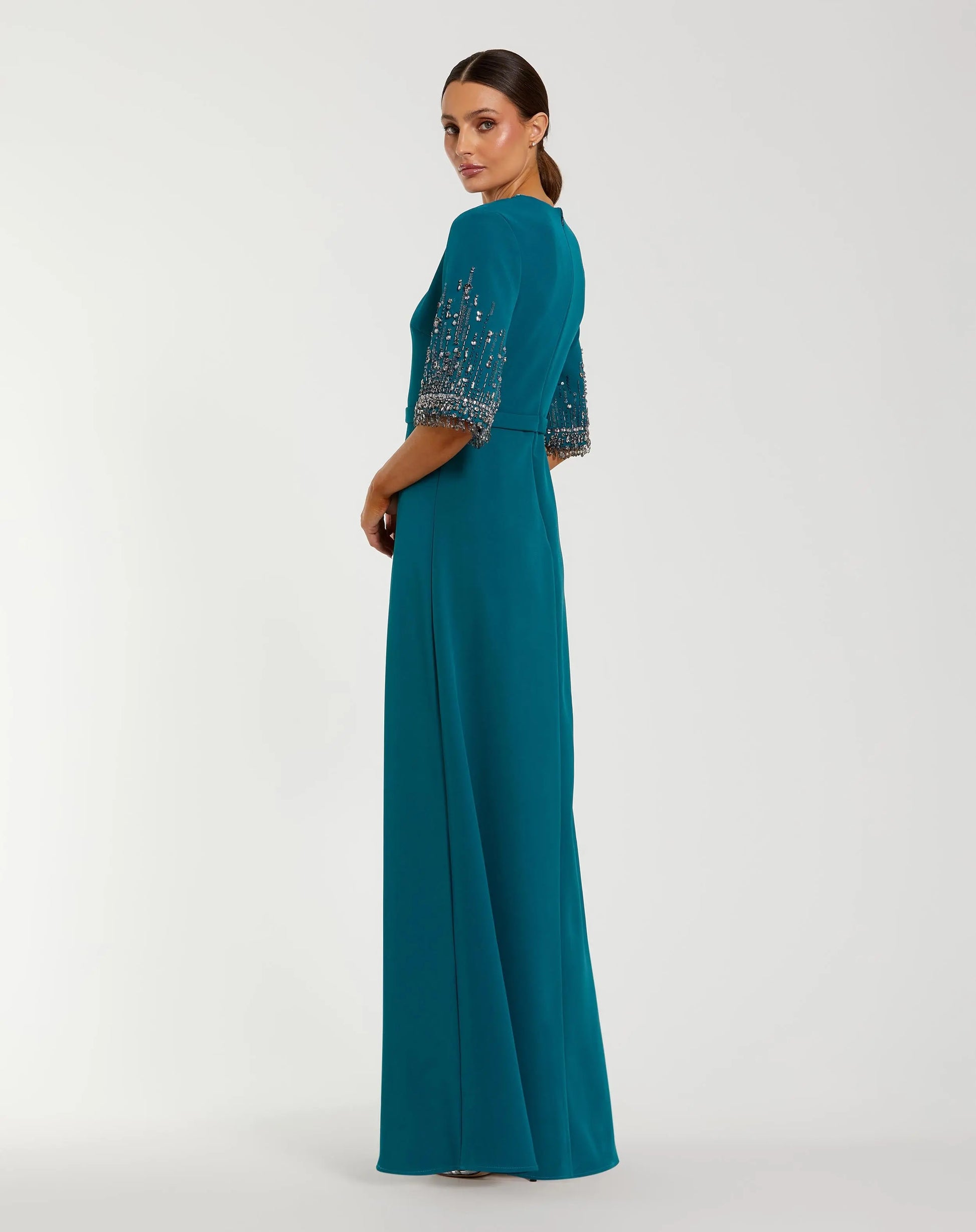 Blue Crepe A Line Gown with Beaded 3/4 Sleeves | Mac Duggal Blue Crepe A Line Gown with Beaded 3/4 Sleeves | Mac Duggal
