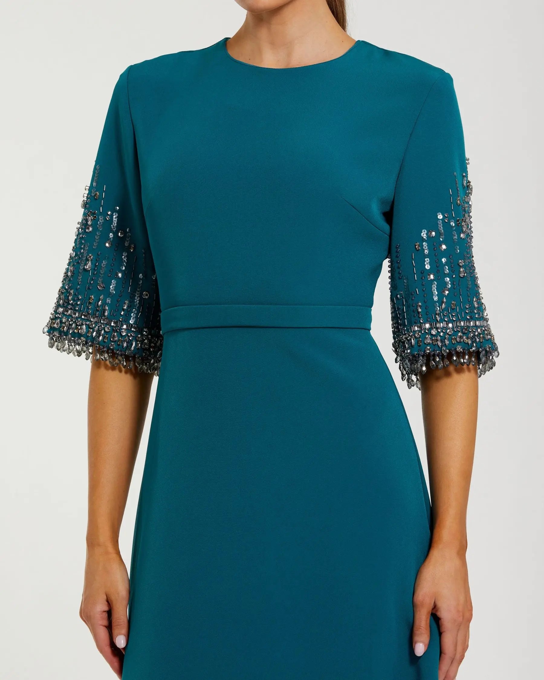 Mac Duggal - Blue Crepe A Line Gown With Beaded 3/4 Sleeves - US 18 Mac Duggal - Blue Crepe A Line Gown With Beaded 3/4 Sleeves - US 18