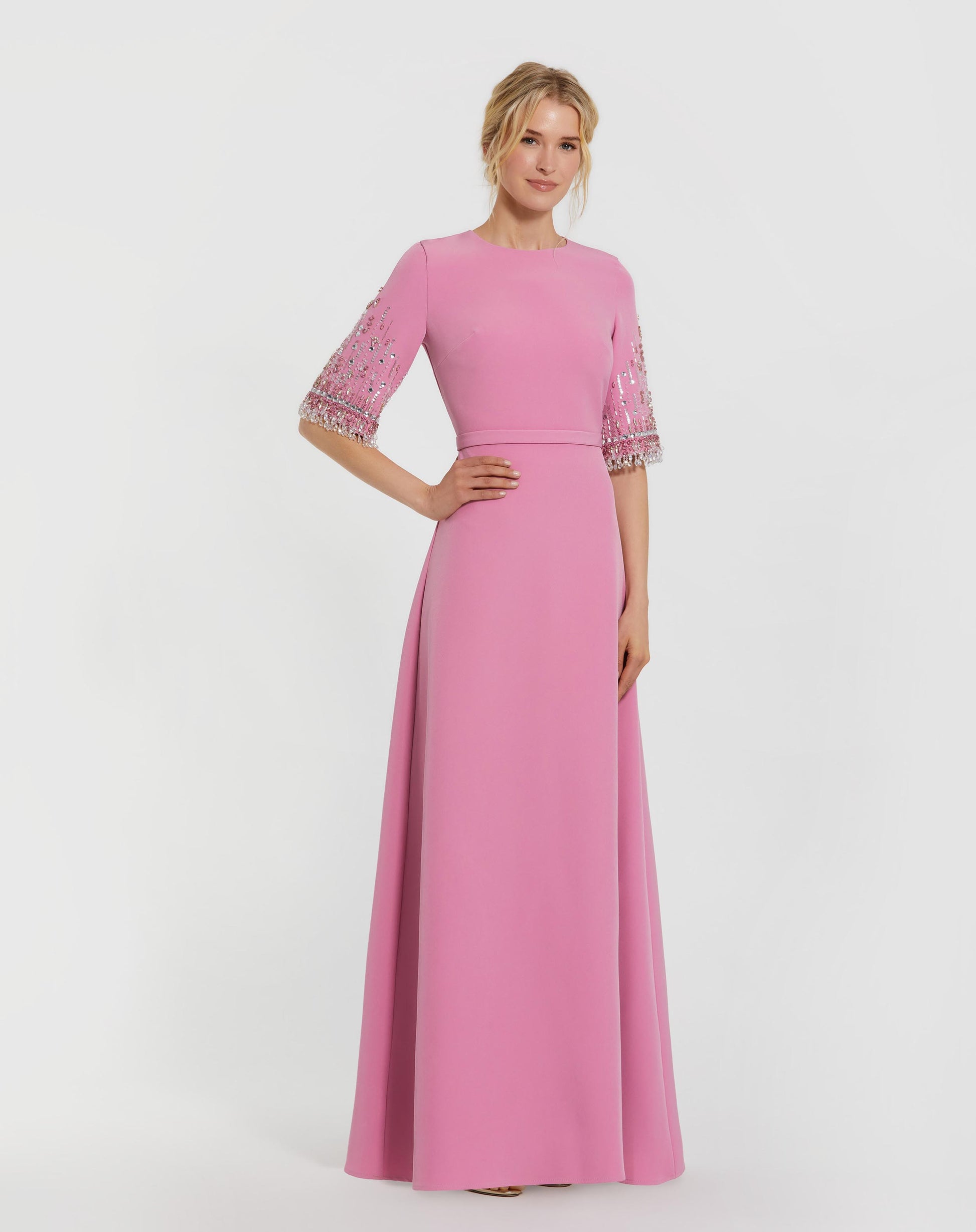 Pink Crepe A Line Gown With Beaded 3/4 Sleeves Mac Duggal