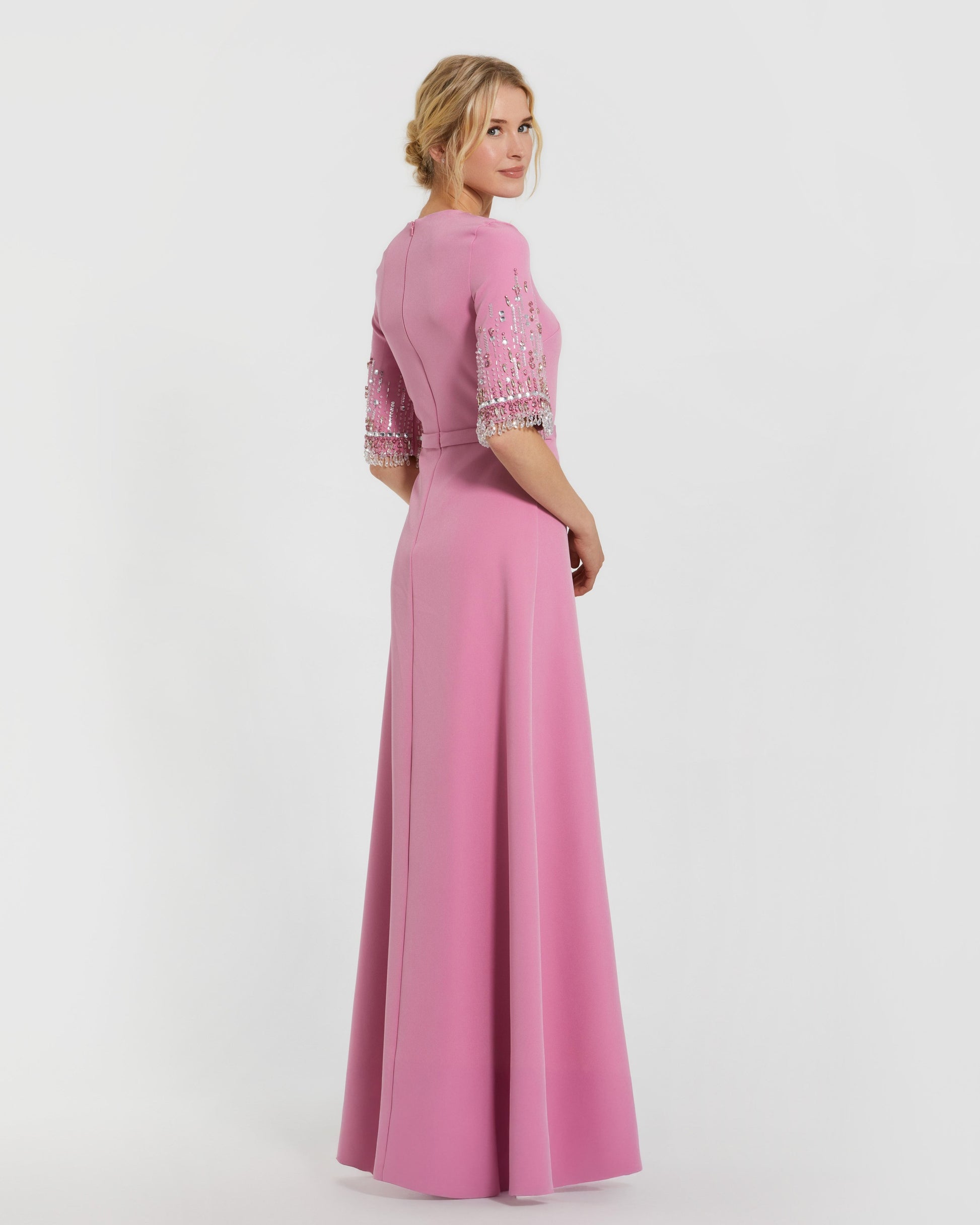 Pink Crepe A Line Gown With Beaded 3/4 Sleeves Mac Duggal