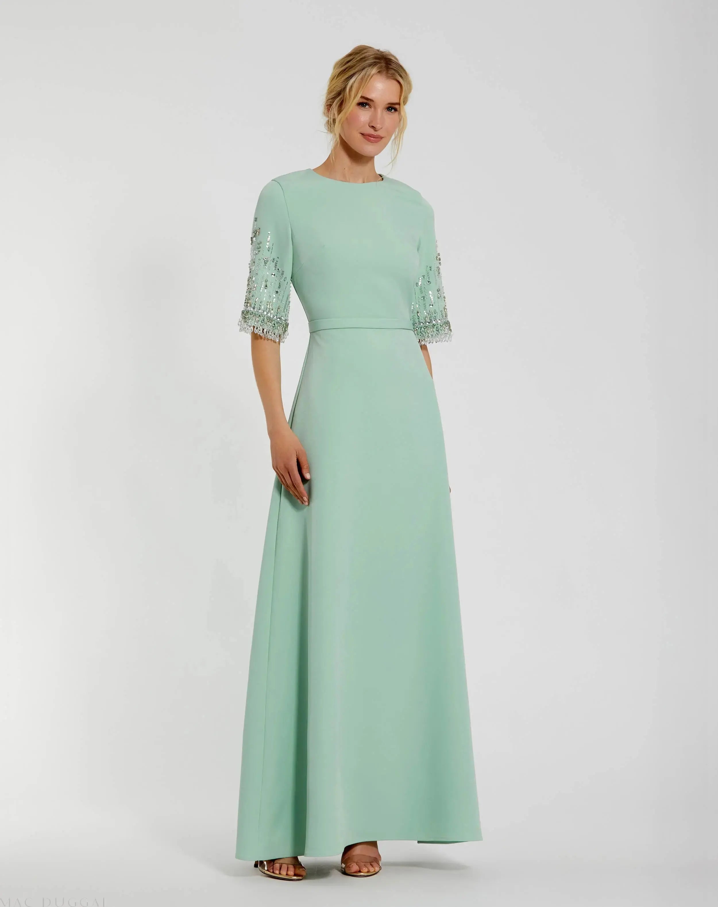 Green Crepe A Line Gown With Beaded 3/4 Sleeves - Mac Duggal