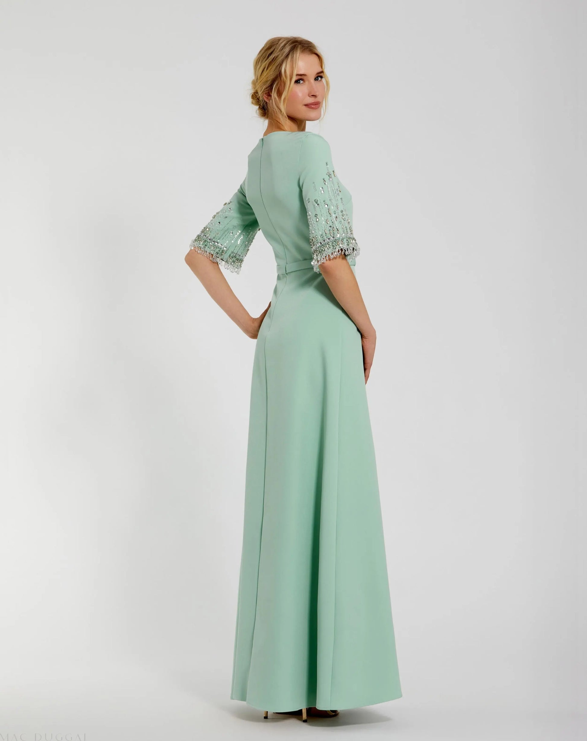 Green Crepe A Line Gown With Beaded 3/4 Sleeves | Mac Duggal Green Crepe A Line Gown With Beaded 3/4 Sleeves | Mac Duggal