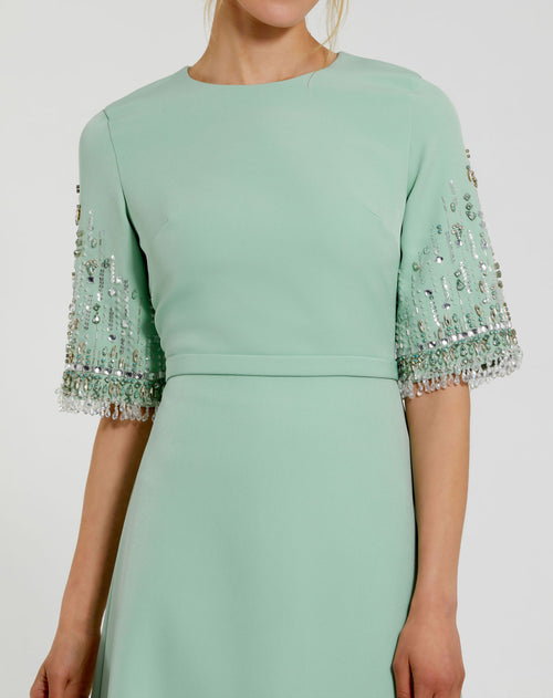 Green Crepe A Line Gown With Beaded 3/4 Sleeves