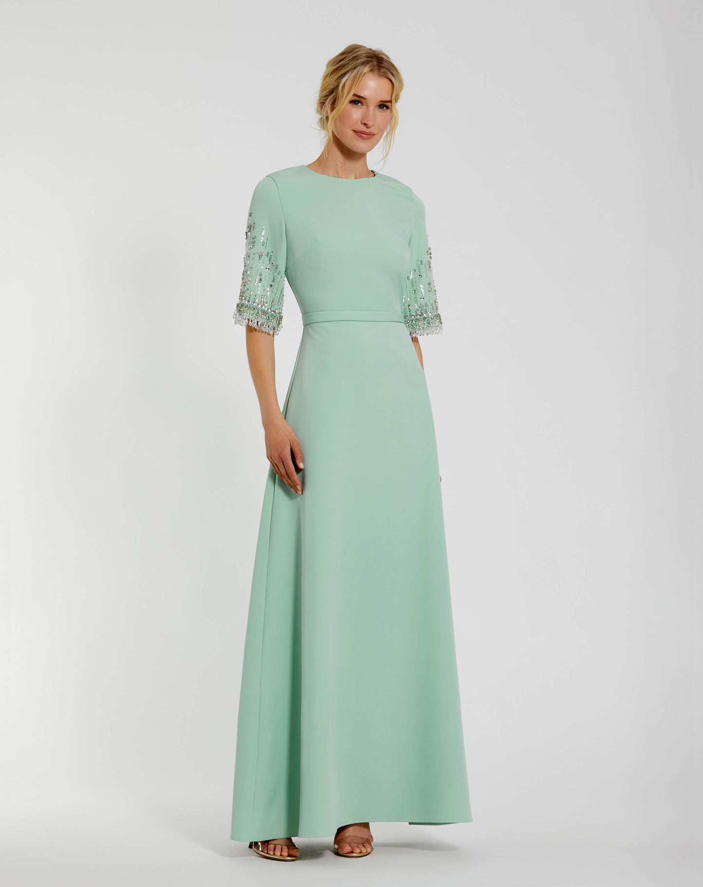 Green Crepe A Line Gown With Beaded 3/4 Sleeves