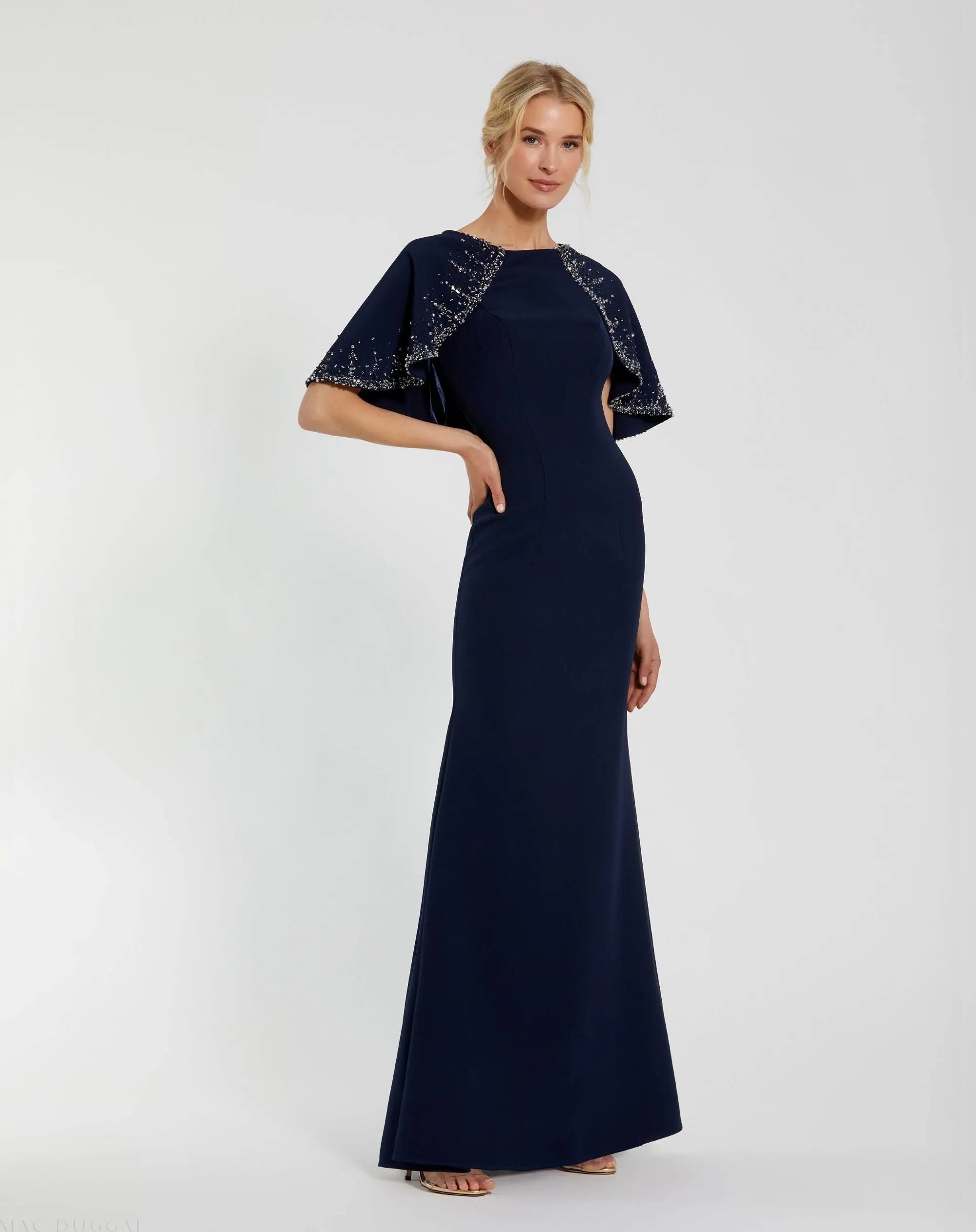 Navy Crepe High Neck Fitted Gown With Beaded Shawl Mac Duggal