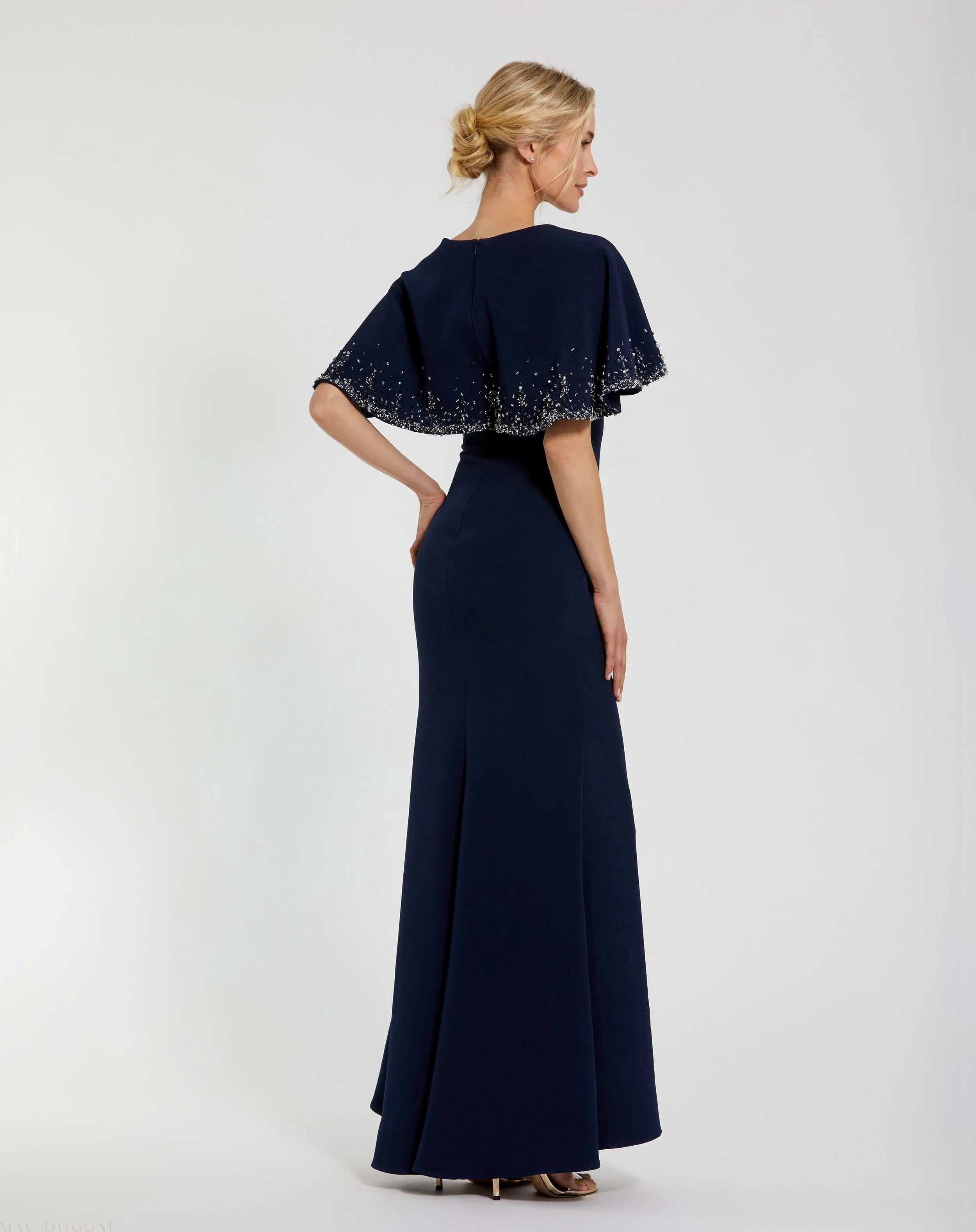 Navy Crepe High Neck Fitted Gown With Beaded Shawl Mac Duggal