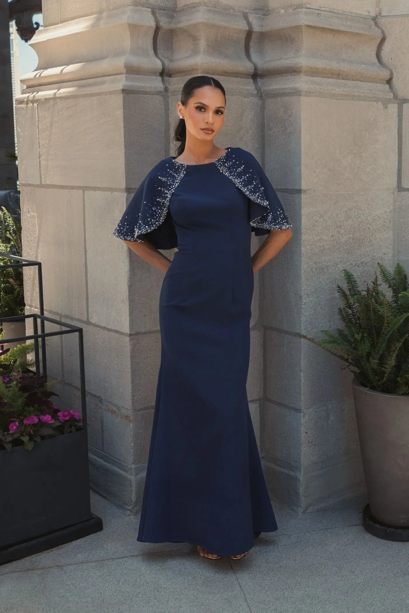Navy Crepe High Neck Fitted Gown With Beaded Shawl - Mac Duggal