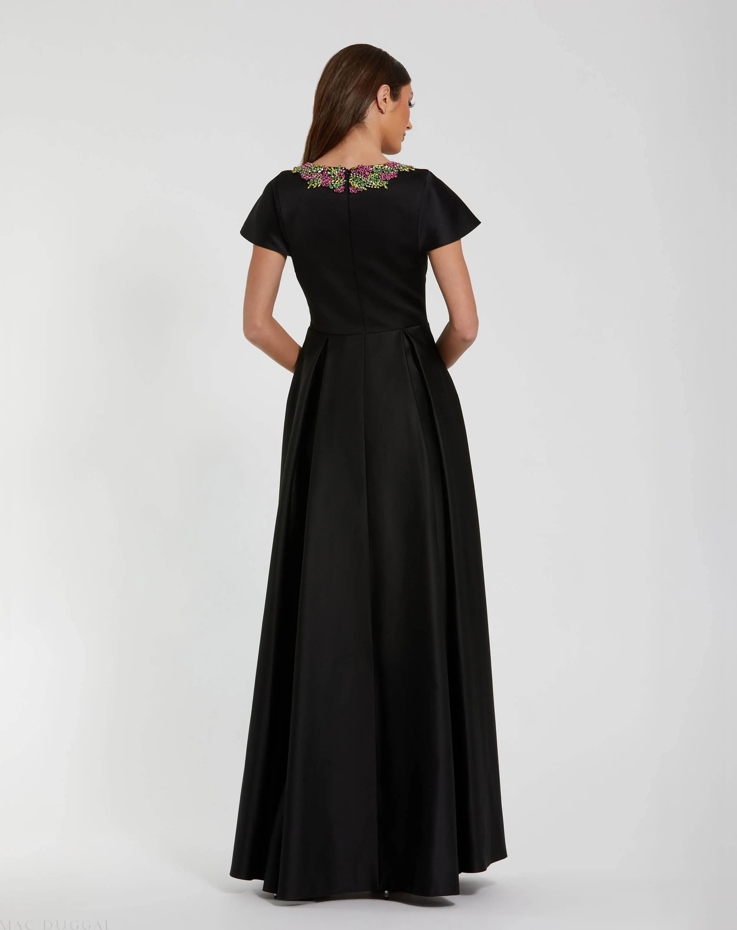 Black Satin Flutter Sleeve Gown With Neckline Beading - Mac Duggal