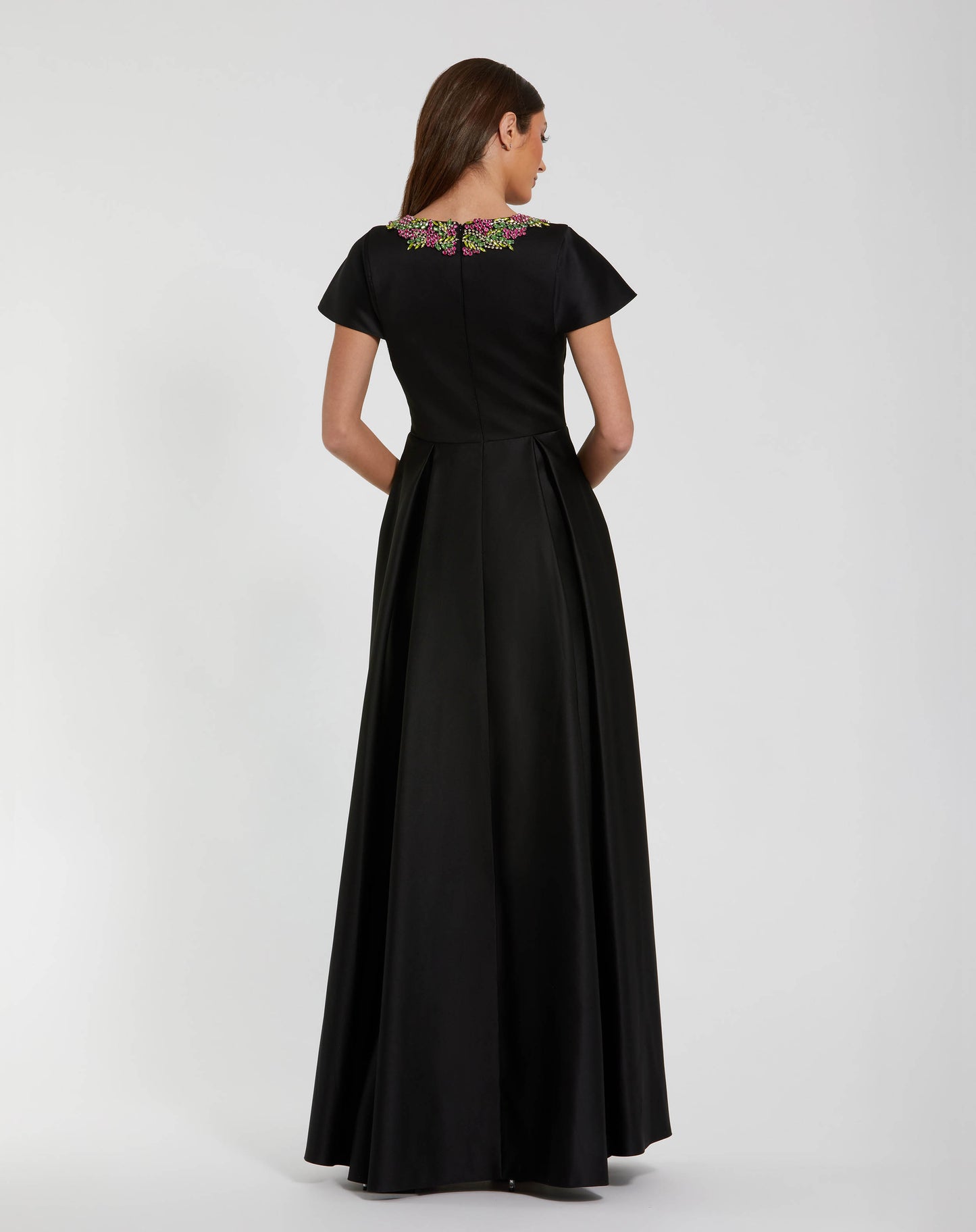 Satin Flutter Sleeve Gown With Neckline Beading