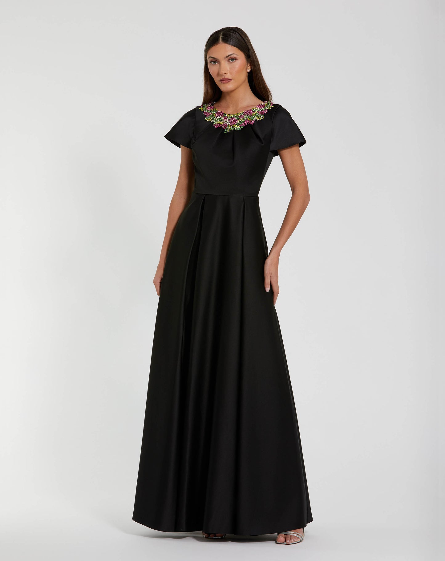 Black Satin Flutter Sleeve Gown With Neckline Beading - Mac Duggal