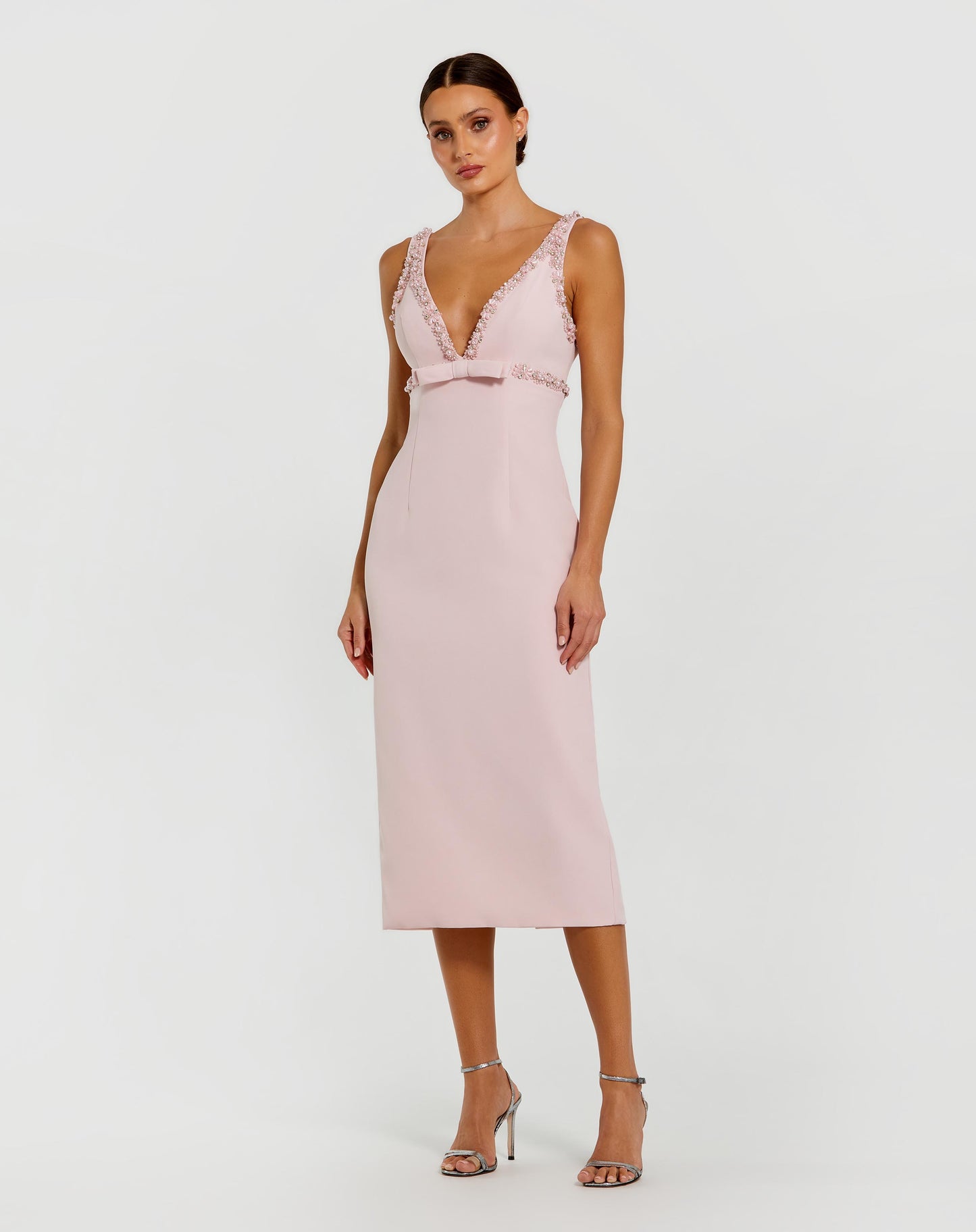 Pink Crepe Fitted Midi Dress With Bow And Beaded Trim 