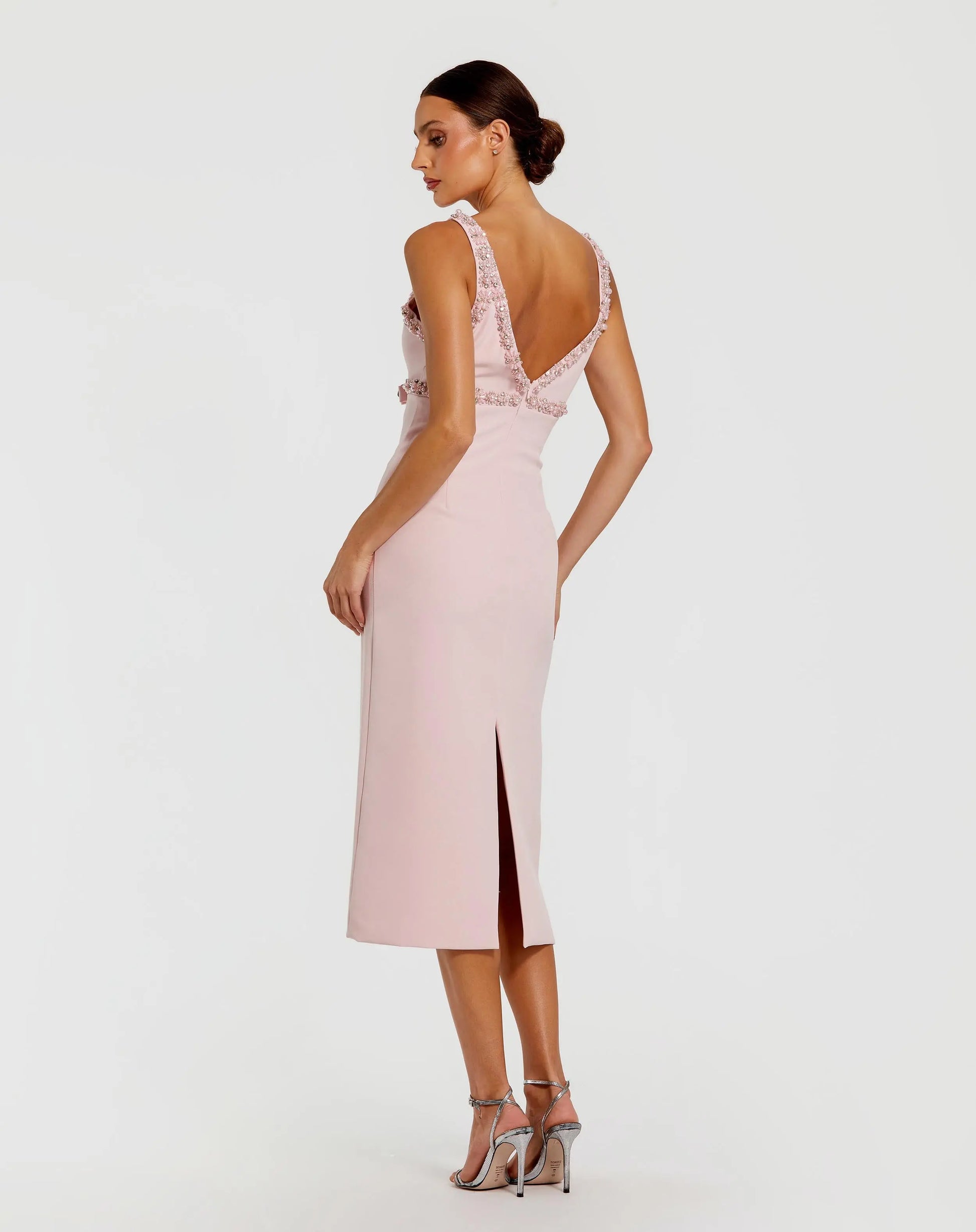 Pink Crepe Fitted Midi Dress With Bow And Beaded Trim | Mac Duggal Pink Crepe Fitted Midi Dress With Bow And Beaded Trim | Mac Duggal