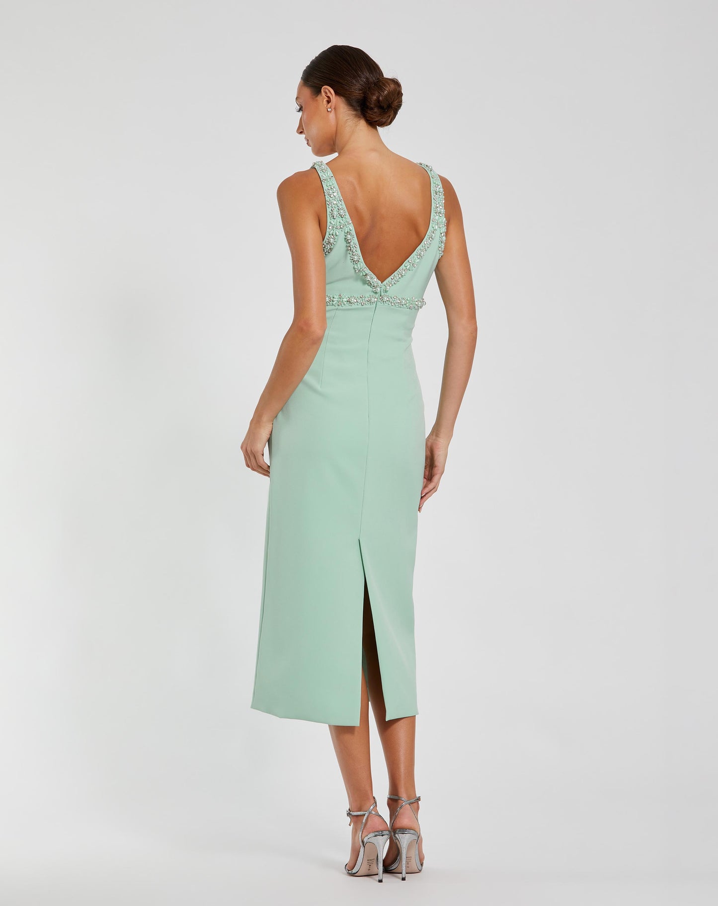 Green Crepe Fitted Midi Dress With Bow And Beaded Trim