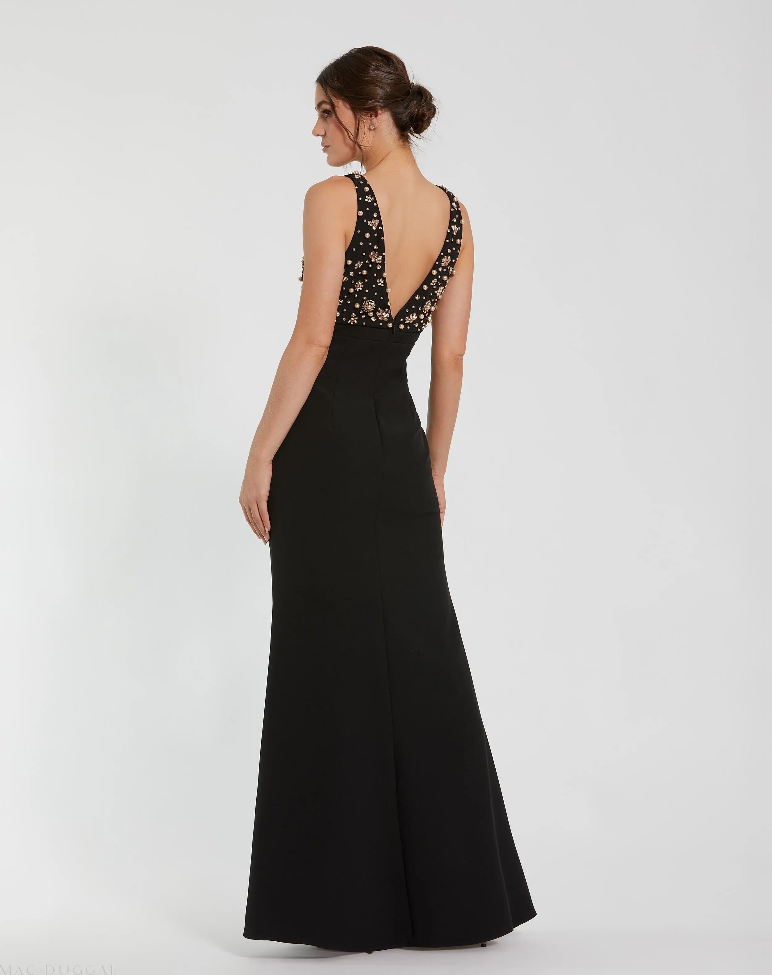 Black Crepe Sleeveless Beaded V Neck Gown With Bow - Ieena for Mac Duggal