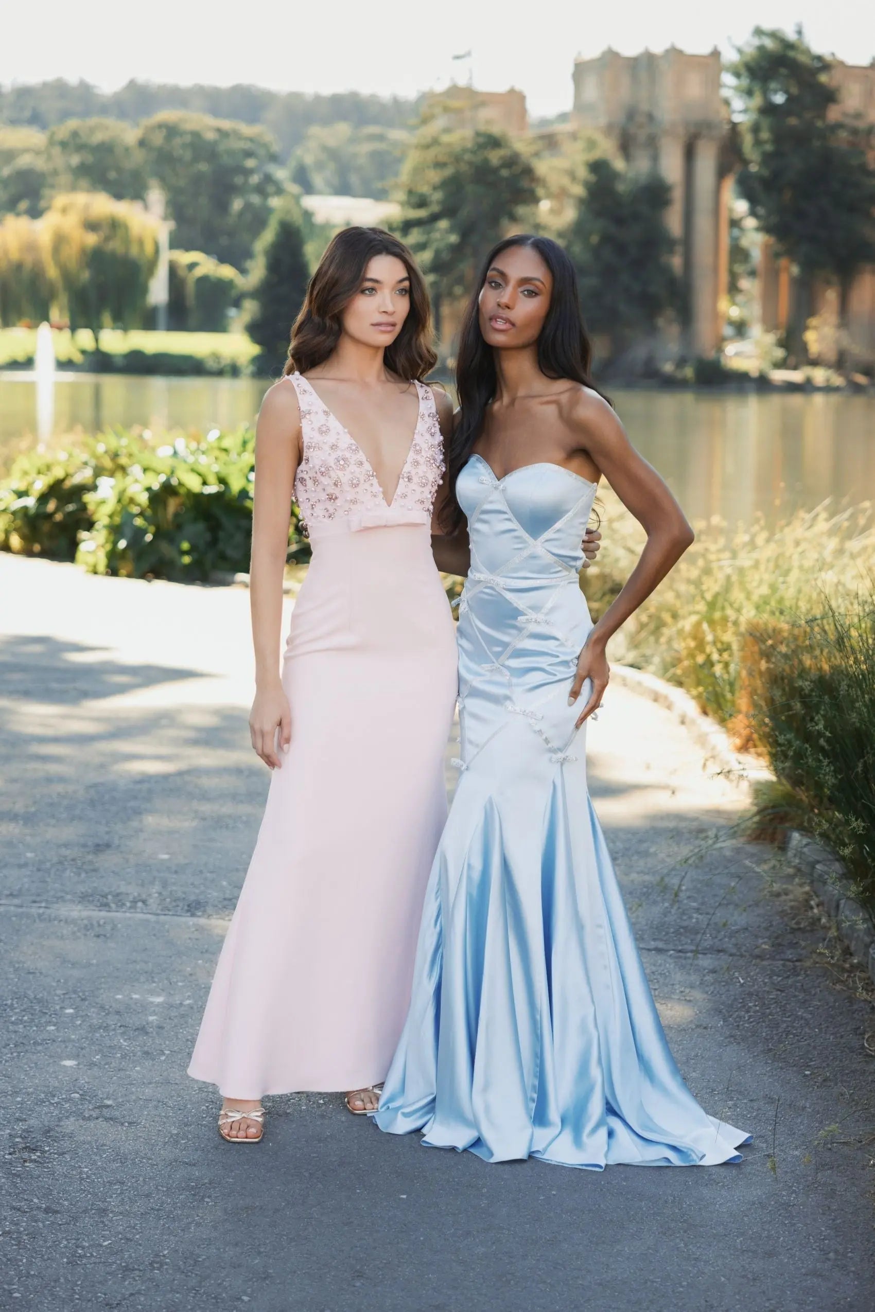 Blue Strapless Satin Trumpet Gown With Bow Details | Mac Duggal Blue Strapless Satin Trumpet Gown With Bow Details | Mac Duggal