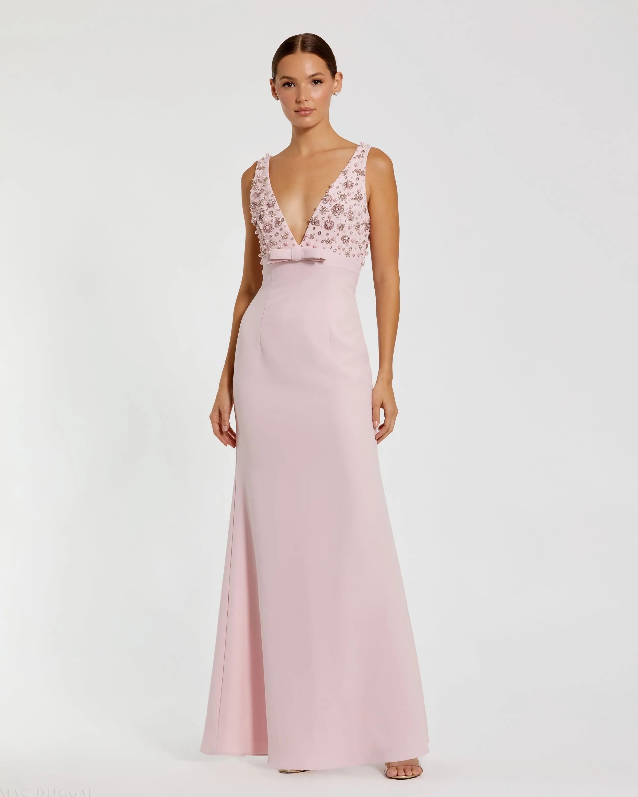 Crepe Sleeveless Beaded V Neck Gown With Bow Mac Duggal