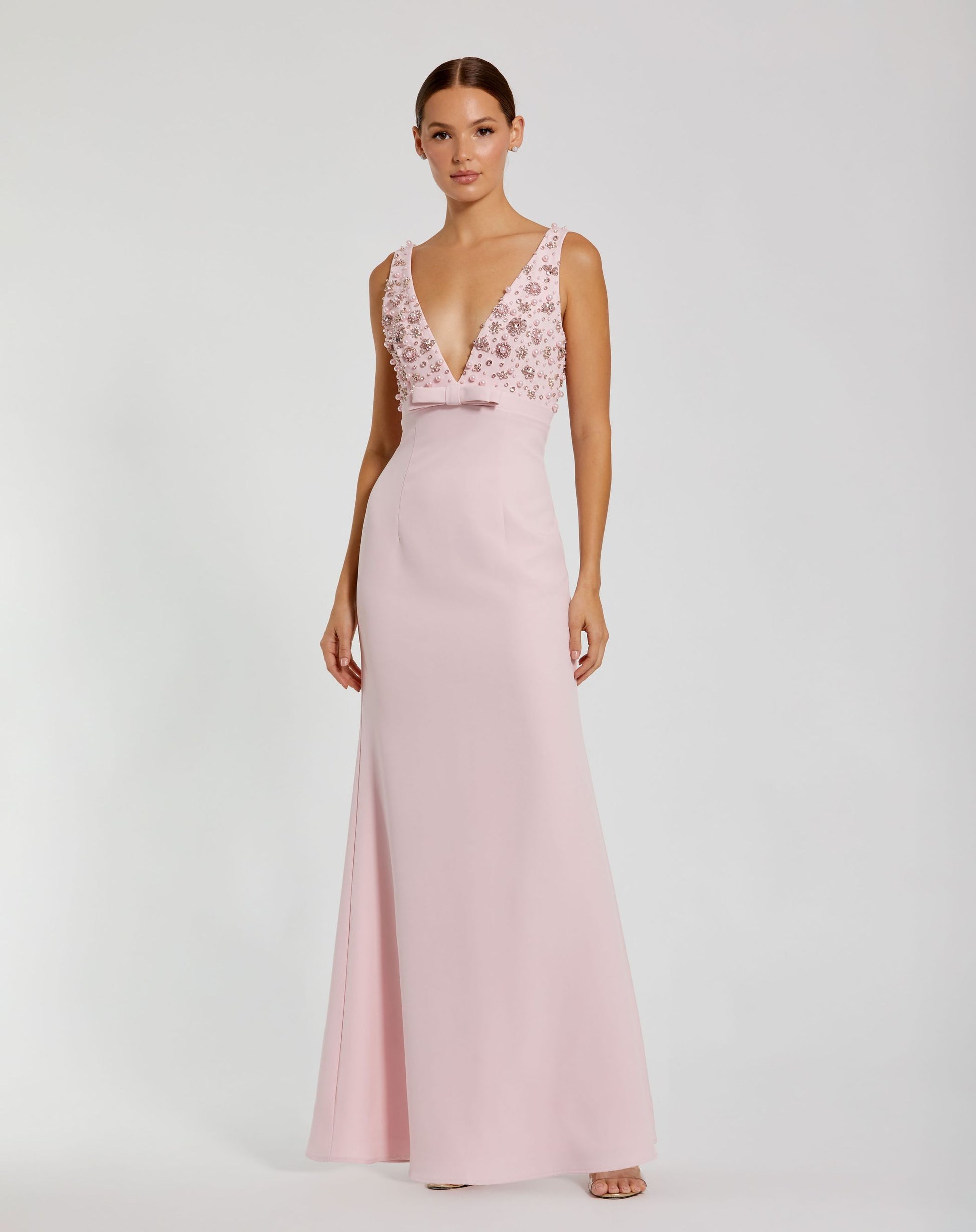 Crepe Sleeveless Beaded V Neck Gown With Bow