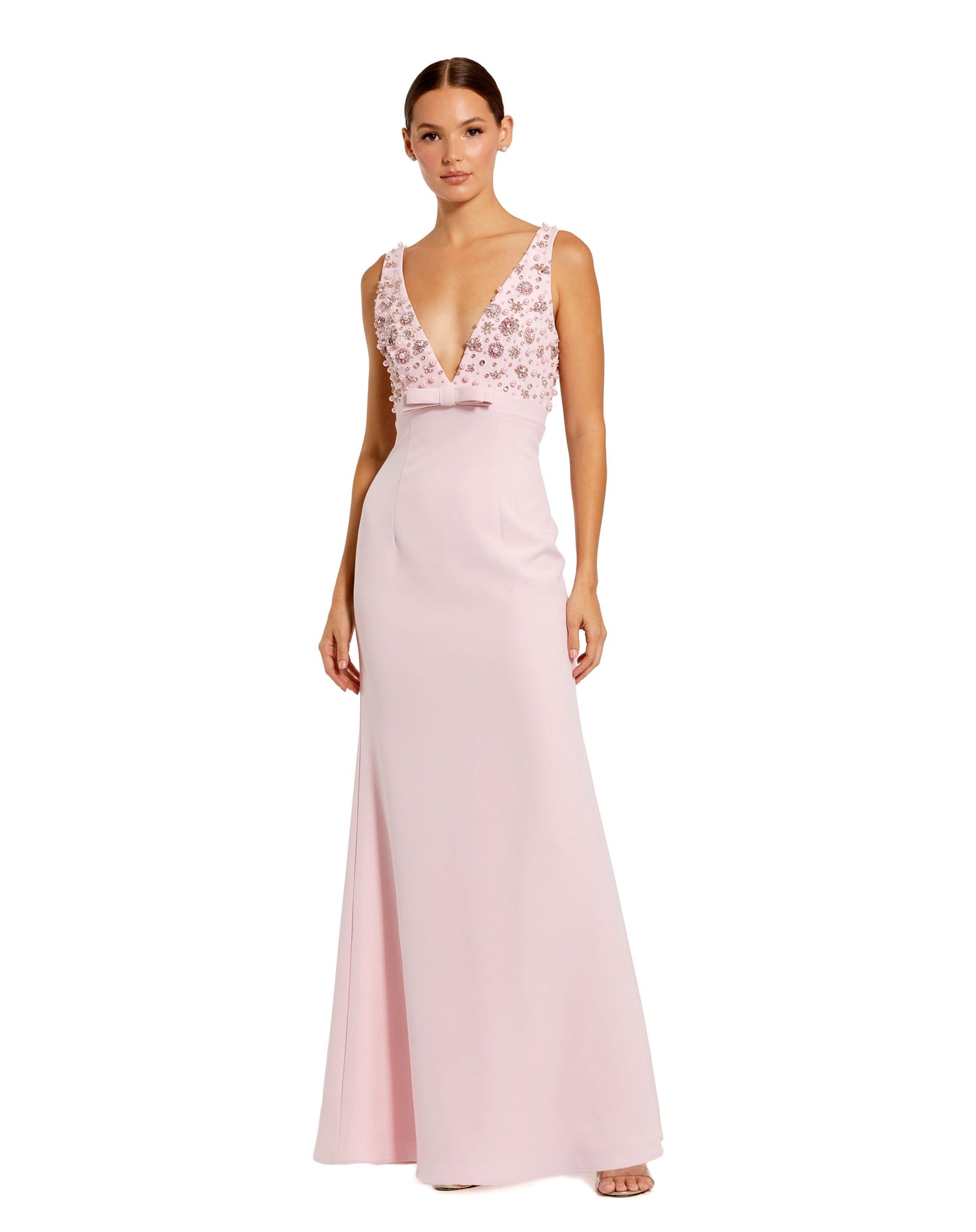 Crepe Sleeveless Beaded V Neck Gown With Bow