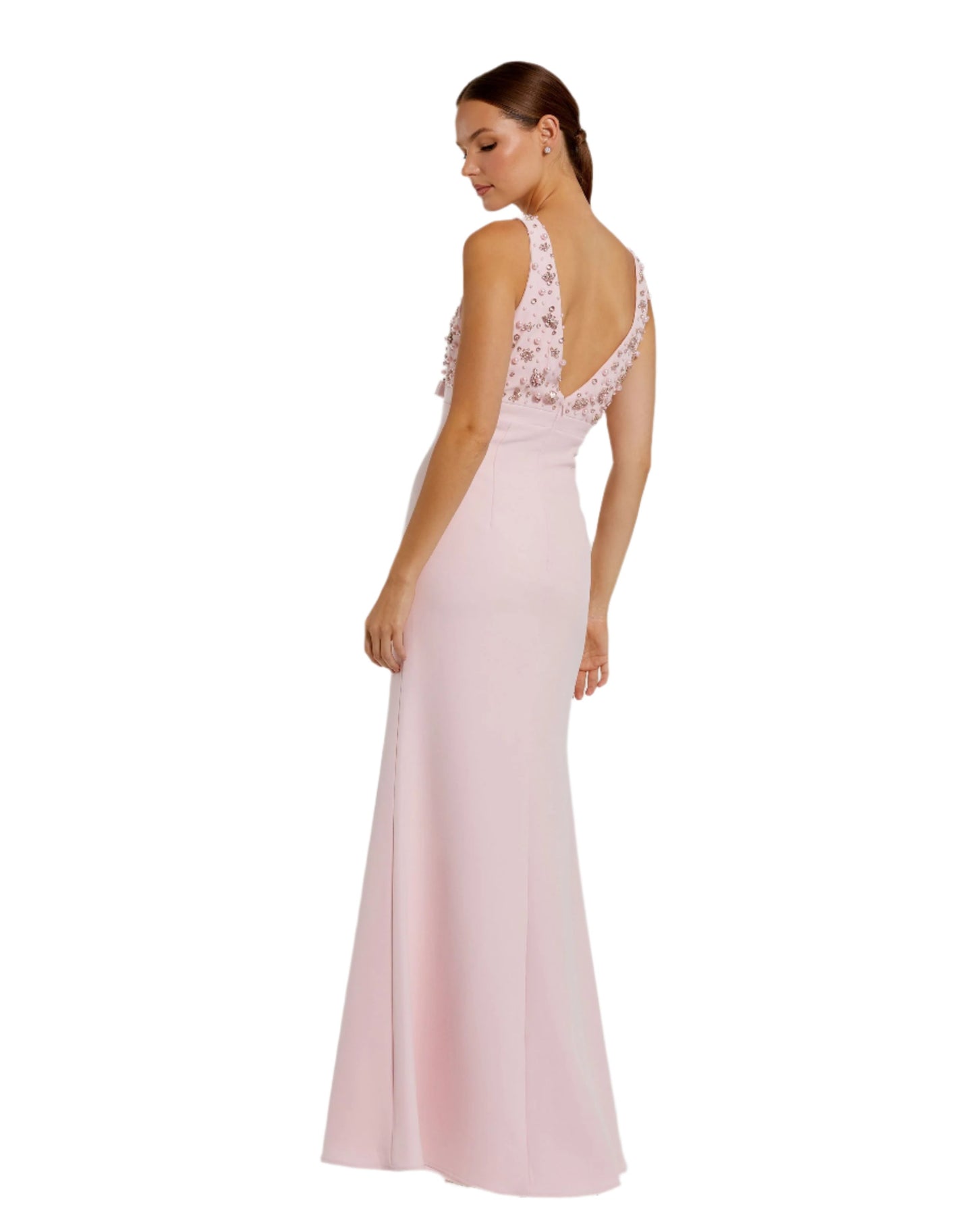 Crepe Sleeveless Beaded V Neck Gown With Bow