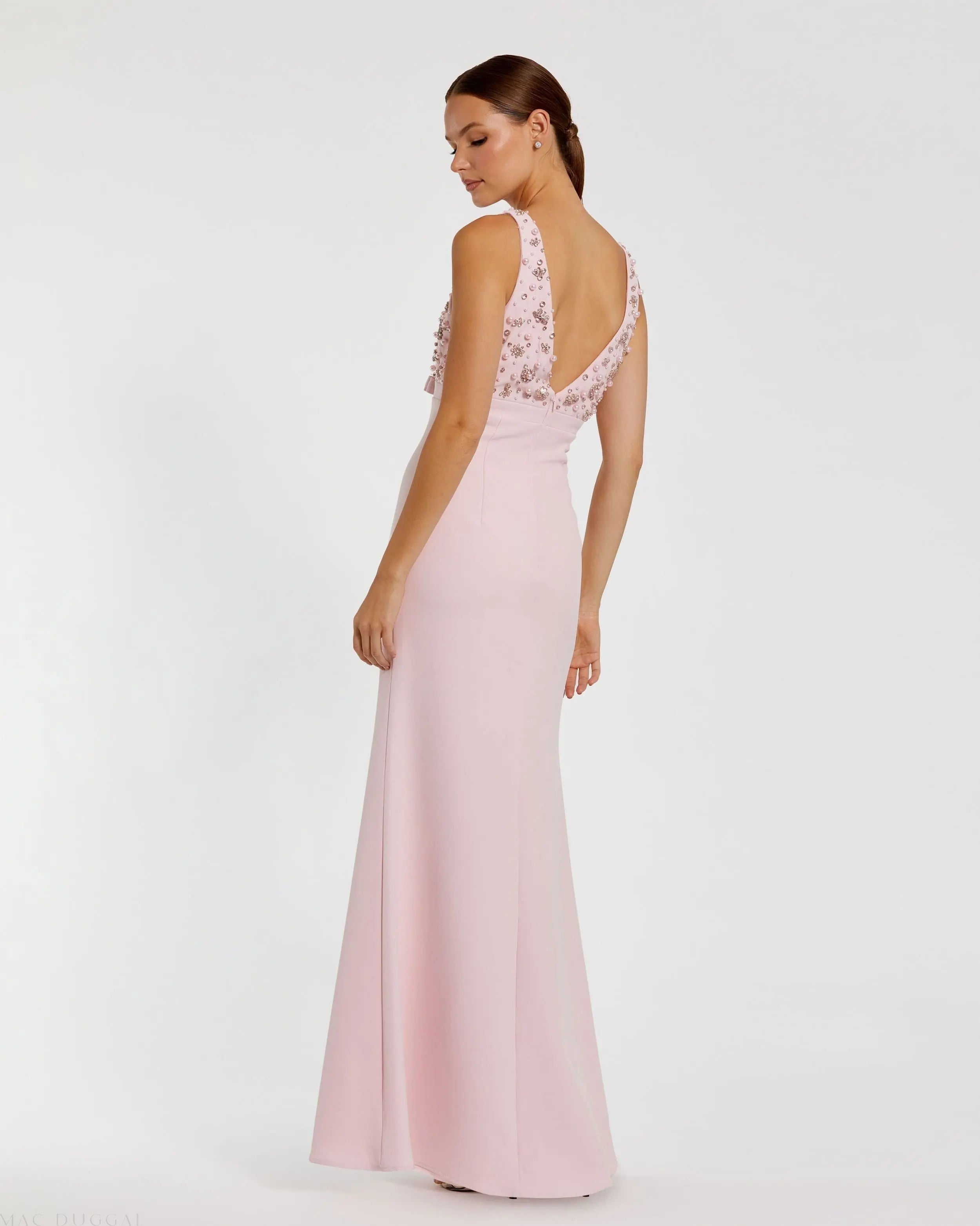 Pink Crepe Sleeveless Beaded V Neck Gown With Bow Ieena for Mac Duggal