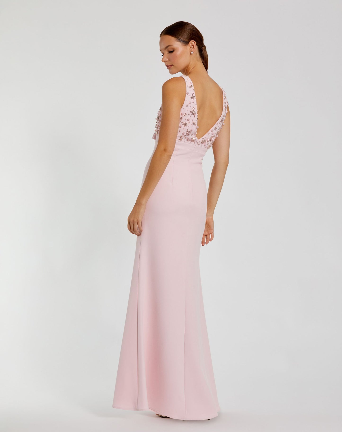 Pink Crepe Sleeveless Beaded V Neck Gown With Bow