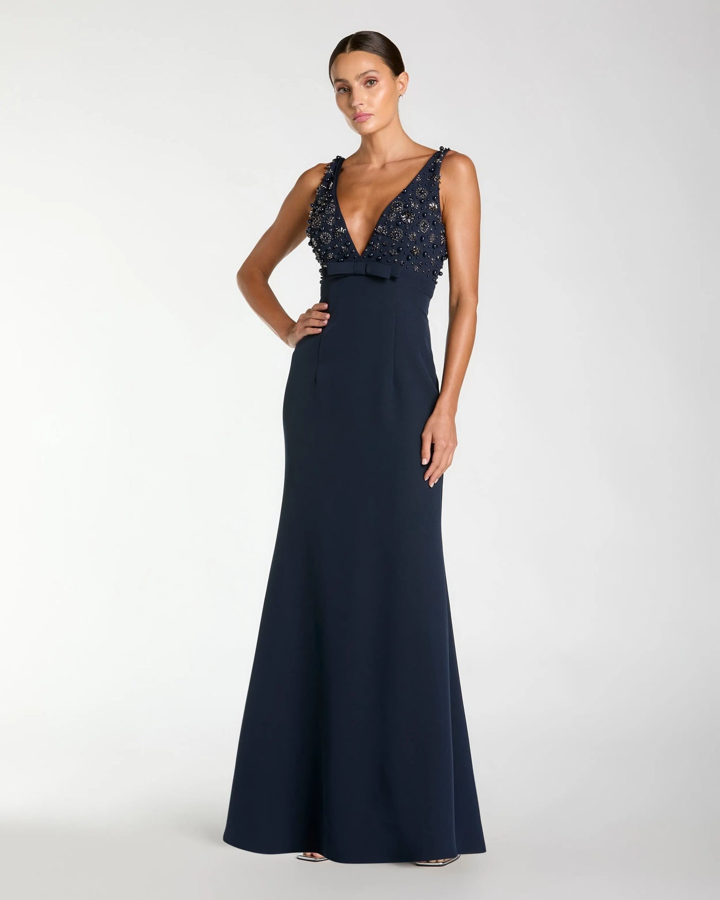 Navy Beaded V-Neck Trumpet Gown with Bow Ieena for Mac Duggal