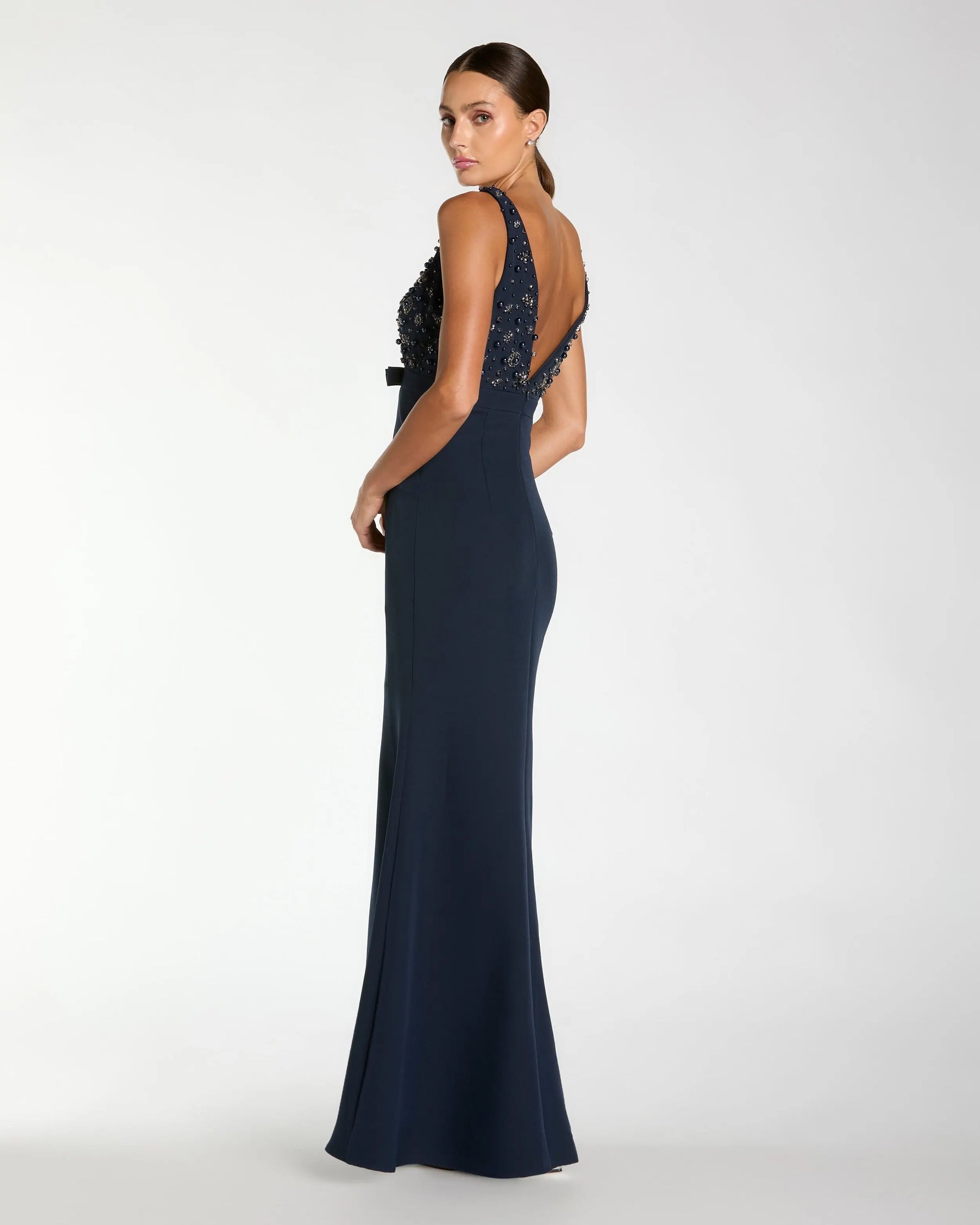 Navy Sleeveless Embellished Crepe Gown With Bow | Mac Duggal Navy Sleeveless Embellished Crepe Gown With Bow | Mac Duggal
