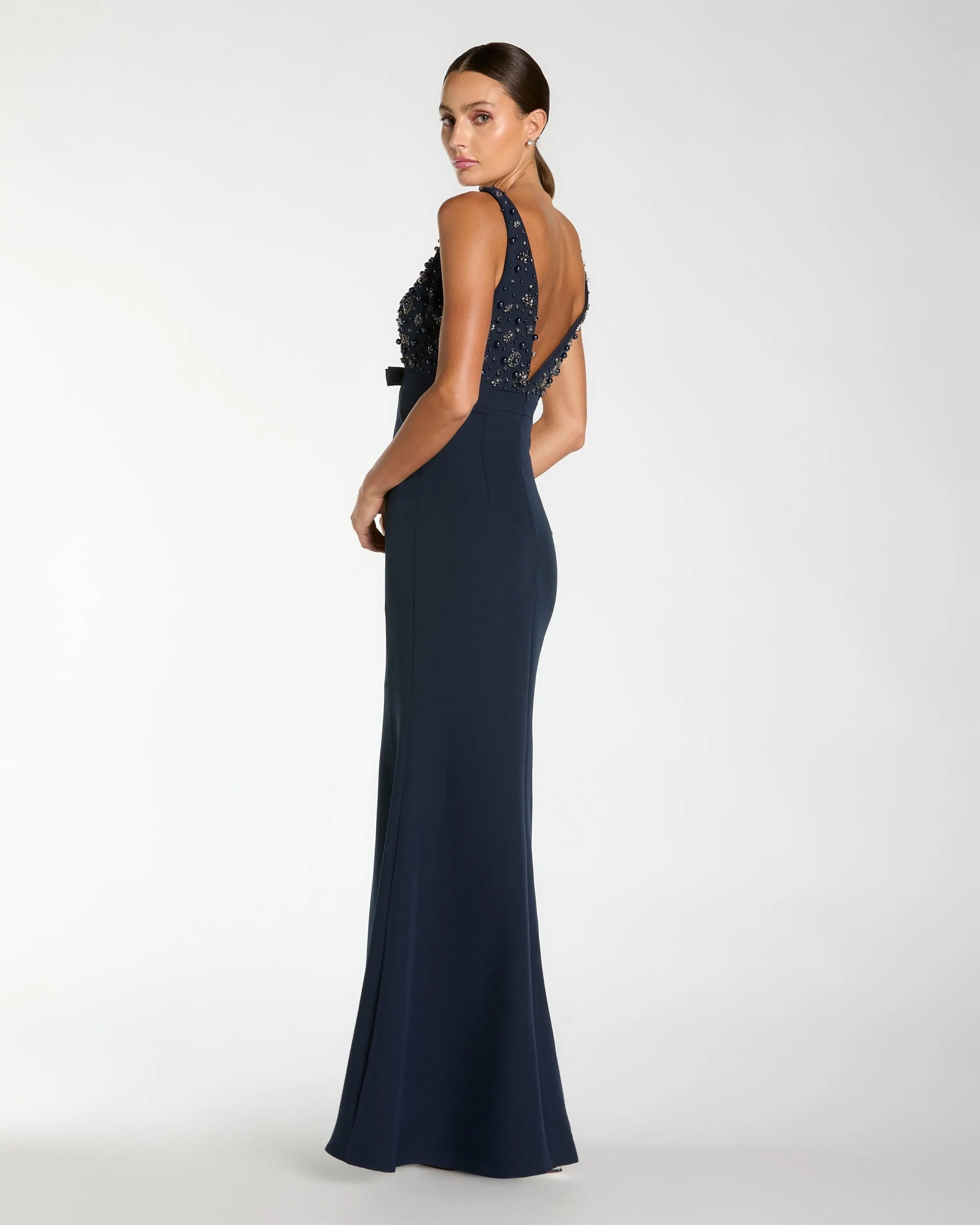 Navy Beaded V-Neck Trumpet Gown with Bow Ieena for Mac Duggal