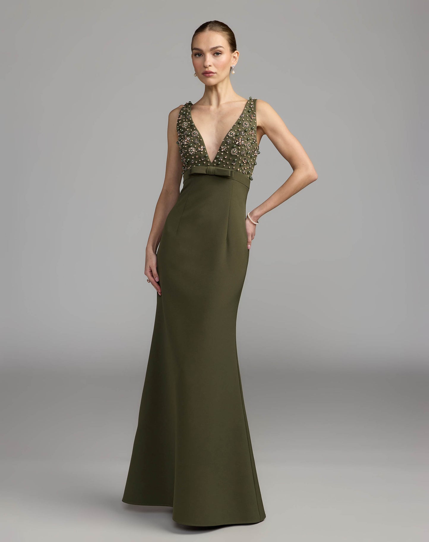 Deep Green Sleeveless Embellished Crepe Gown With Bow Ieena for Mac Duggal